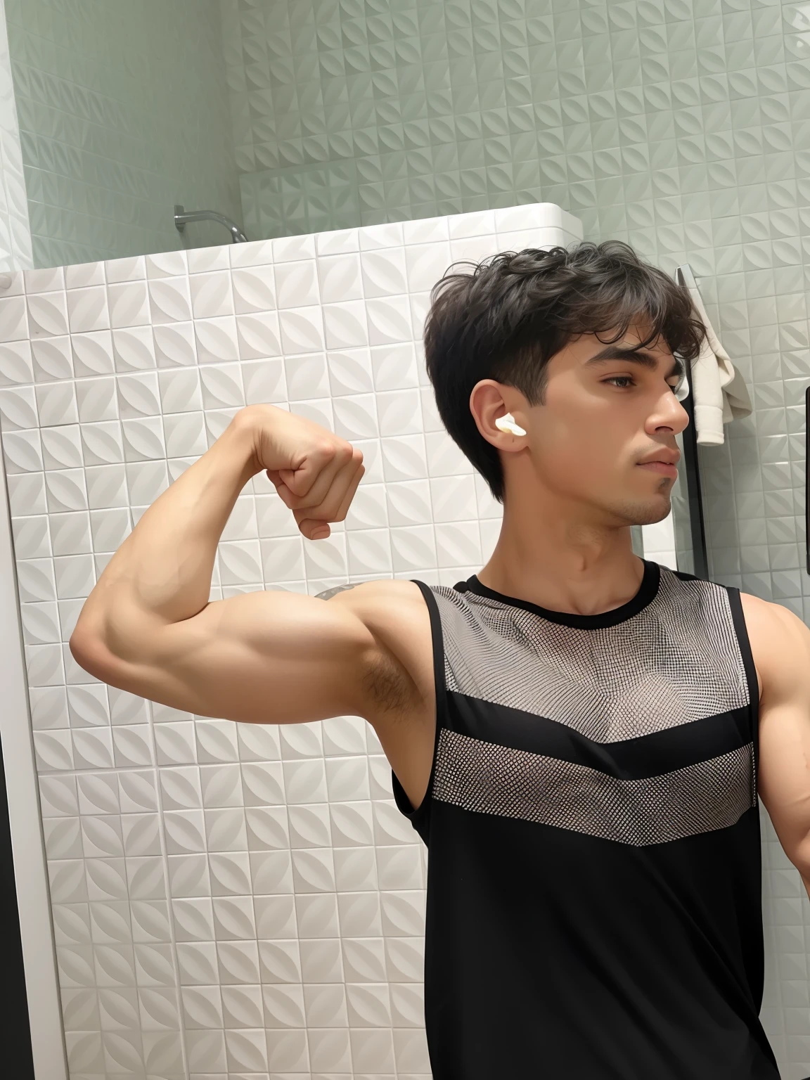 there is a man that is flexing his muscles in the bathroom, showing off biceps, Big biceps, flexing large muscles, showing off his muscles, Posar e flexionar, Muscles, Flexionando, showing strong muscles, large muscles, large muscles, strong arms, bursting with muscles, Pose forte, musculoso!!, magro, mas musculoso, musculados, sem camisa, nipples, peitos malhados, tanquinho