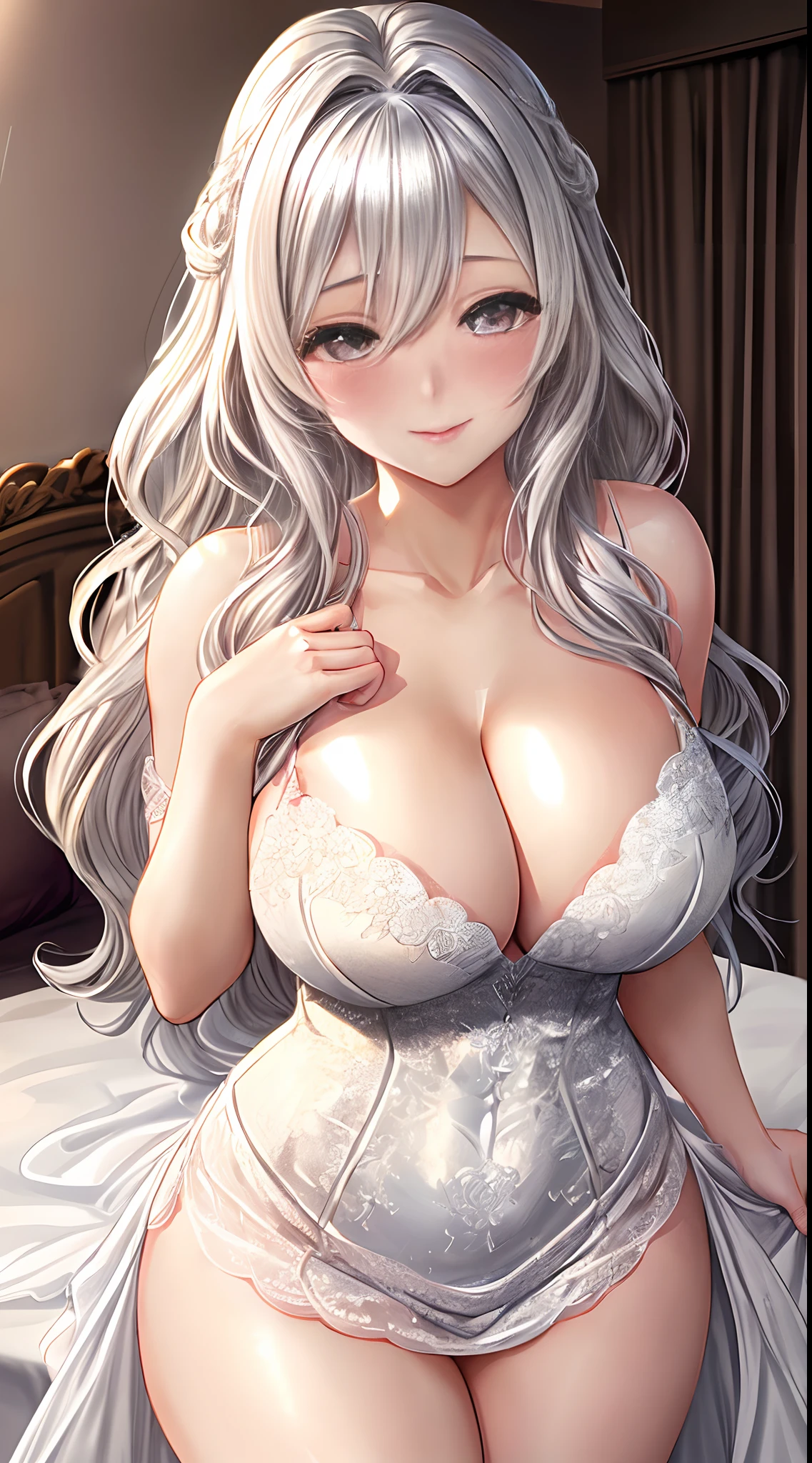 1girl, silver hair, yellow, hair long, wavy hair, average breasts, blush, light smile, glow, thighs, bare shoulders, collarbone, narrow waist, cleavage, (masterpiece), wedding dress,(beautiful detailed face, beautiful detailed eyes), bedroom, night time,