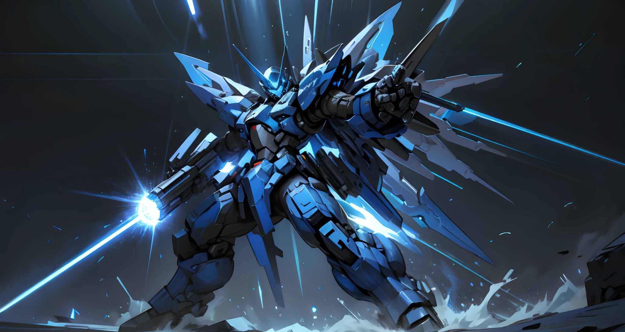 Blue mech,Equipped with plasma cannon and laser gun。