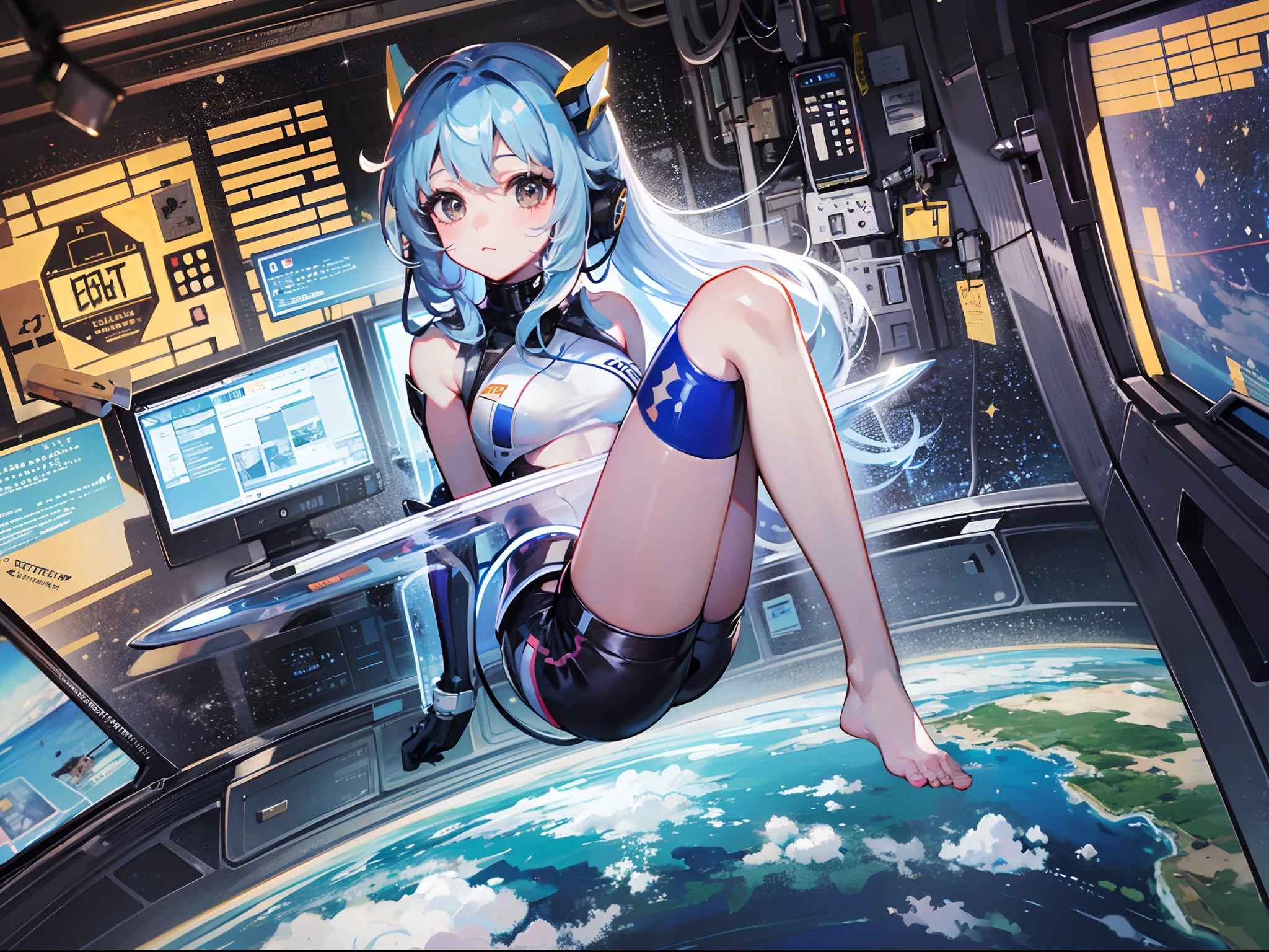 ((masterpiece))、((Top image quality))、((Top image quality))、(Illustration of one girl)、full body Esbian、((a beauty girl))、(neuter)、((Light blue long hair))、shairband、Black eyes、((Brown-skinned))、(Toned body)、abdominals、((White pilot suit))、((Inside the spaceship))、(Outside the window、kosmos、Earth seen from space、Spaceport)