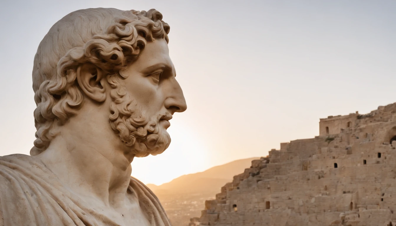 very strong and powerful stoic greek sculpture, barba enorme, cabelos longos, feitos de pedra envelhecida e suja, com olhar poderoso, aesthetic, bravura, determination, filosoficamente, Nostalgic and mysterious abandoned city, Sunniness, destacando pequenos detalhes, ultra realista, 8k, fraco , The nostalgic light of the sunset echoes through the structure