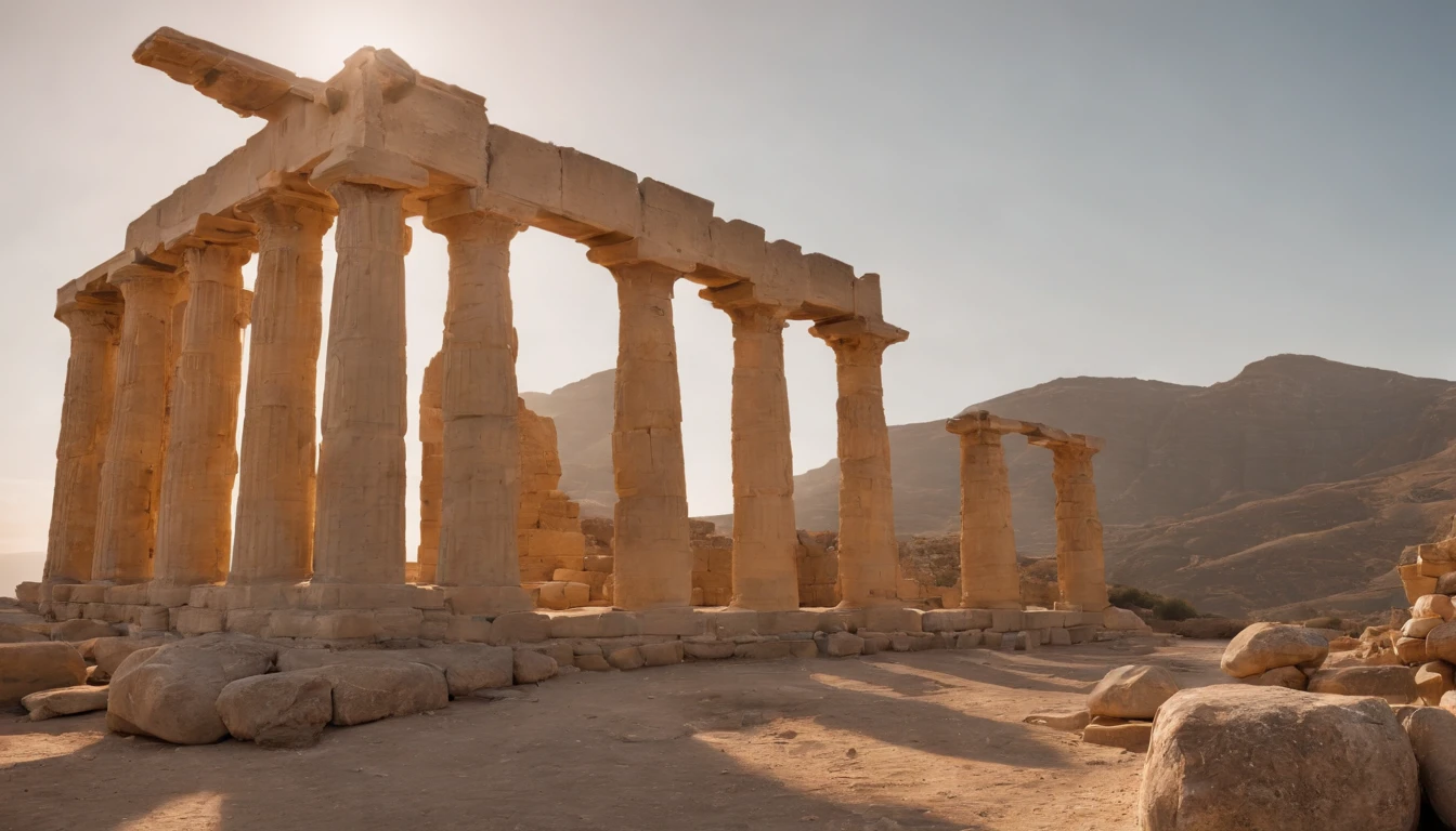 very strong and powerful stoic greek sculpture, barba enorme, cabelos longos, feitos de pedra envelhecida e suja, com olhar poderoso, aesthetic, bravura, determination, filosoficamente, Nostalgic and mysterious abandoned city, Sunniness, destacando pequenos detalhes, ultra realista, 8k, fraco , The nostalgic light of the sunset echoes through the structure