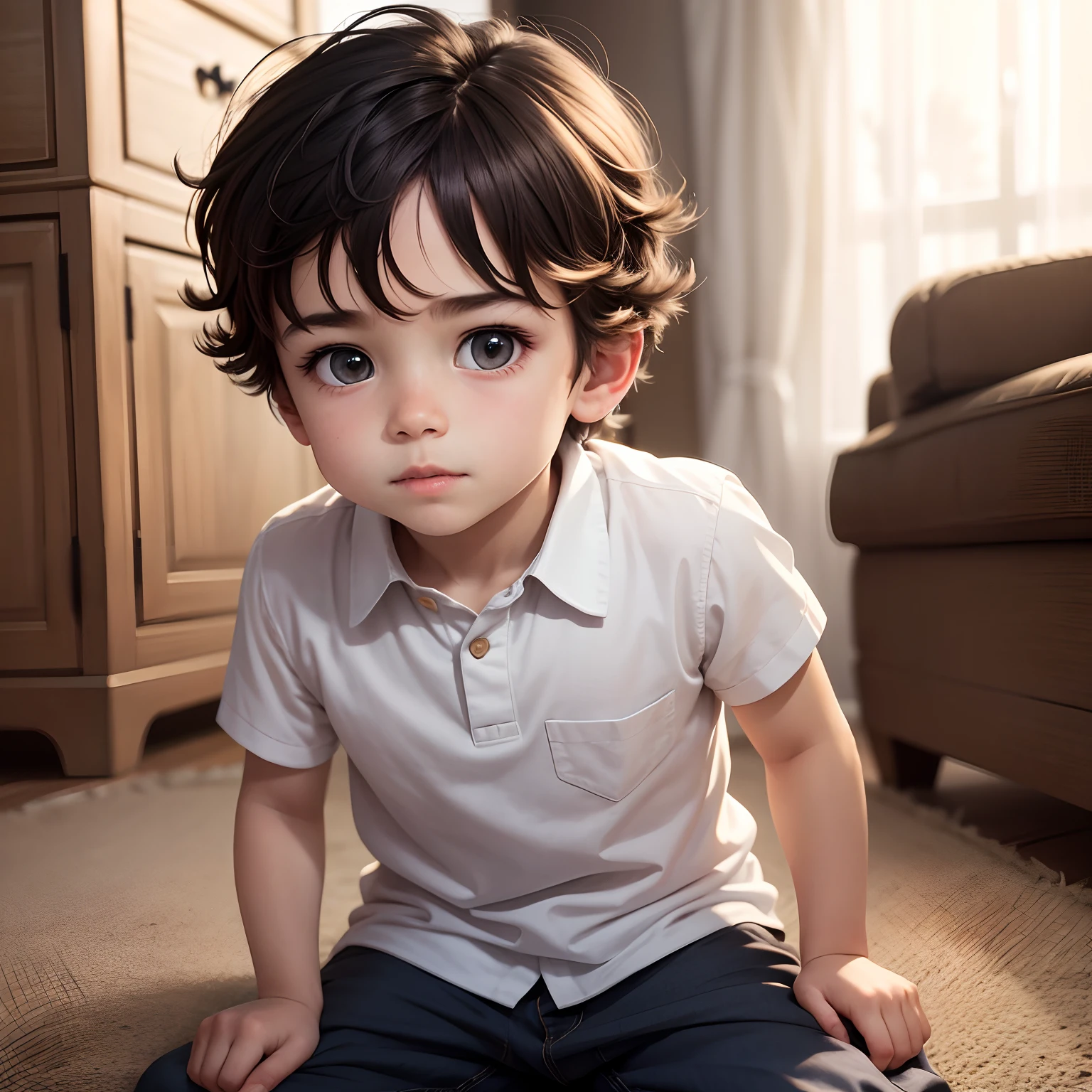  boy with brown hair, beautiful, whole body, seated, bottom bedroom