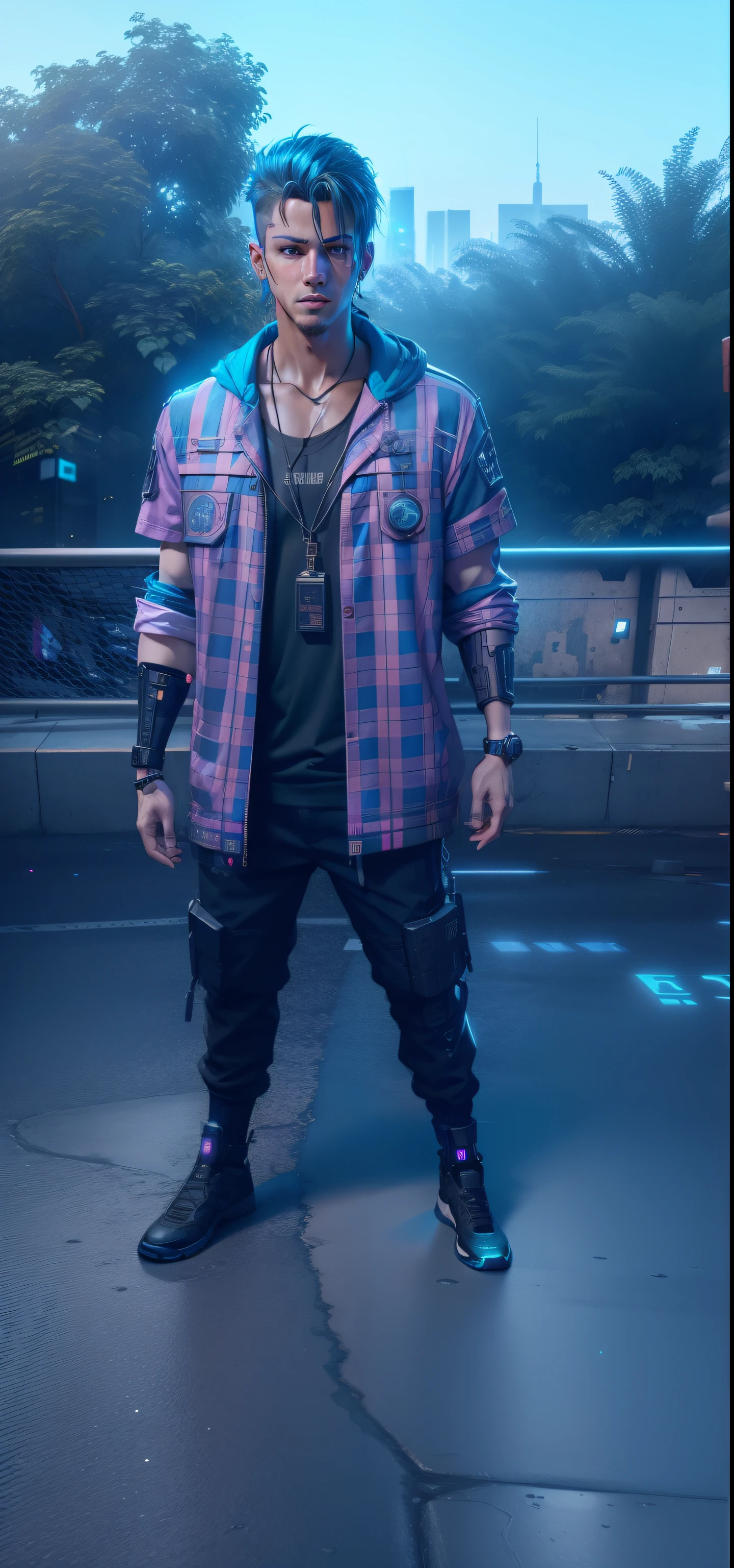 1st grade, ((afro boy)), bad boy, rapper, coily hair, short hair, ((dreadlocks)), kimono, cargo pants, tecnology, scientific fiction, ((cyberpunk)), black backdrop, neon city in the background, ultra-realistc |, ..3d, super verbose, oil painting