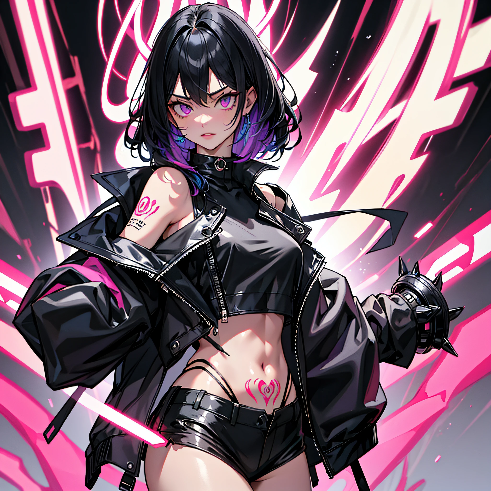 girl, long hair, cool black open short jacket labeled "CruciA", tatoos, messy fade cut hair, crazy, stand pose, on futuristic neon night street background,poser, fuchsia, indigo