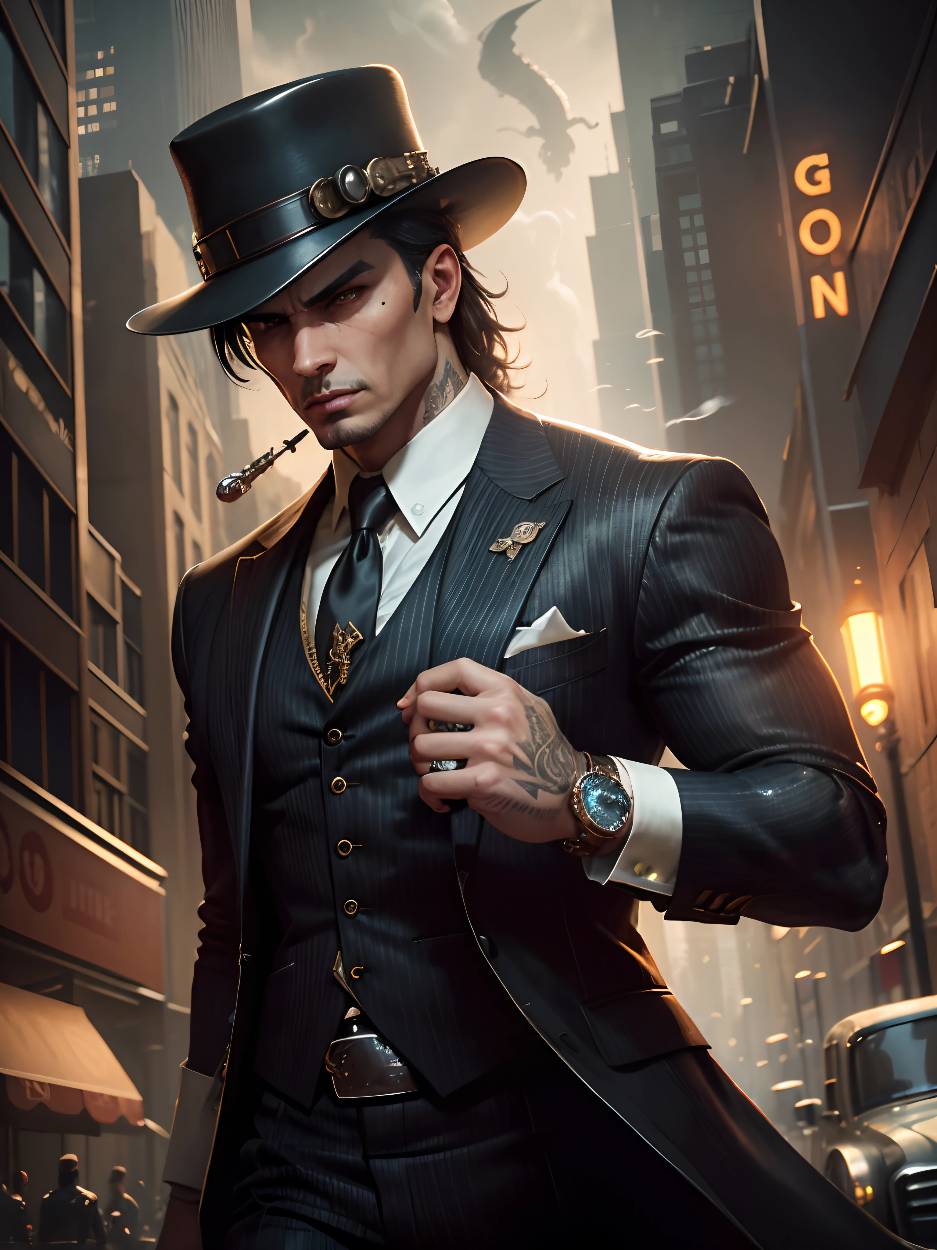 tiger, suit, mafia, gangsters, BioShock, concept art, character design, artstation, detailed eyes, detailed lips, realistic, high-res, professional styling, dark shadows, intense lighting, vibrant colors, sharp focus, urban setting, smoke-filled atmosphere, roaring expression, confident posture, city skyline, noir aesthetic, fedora hat, pinstripe suit, vintage-inspired, architectural details, Art Deco influences, dystopian theme, dramatic angles, menacing presence, stylish weaponry, steampunk elements, intricate tattoos, power dynamics, mysterious narrative, cinematic composition, dynamic action, tension, gritty texture, vivid storytelling, immersive world, suspenseful atmosphere, extraordinary visuals, intricate details.