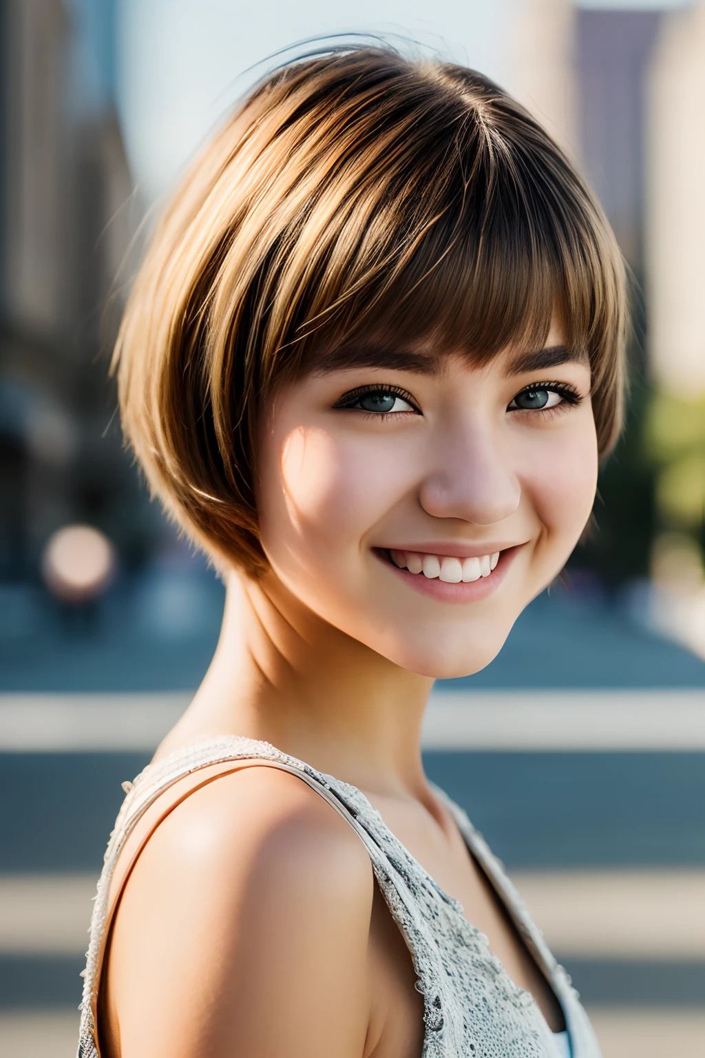 (Masterpiece,best quality,high quality,ultra-realistic, Extremely detailed:1.2),vibrant colors,portrait,female ager,blonde,black eyes,smile,pixie cut,sunny day,City background,sharp focus