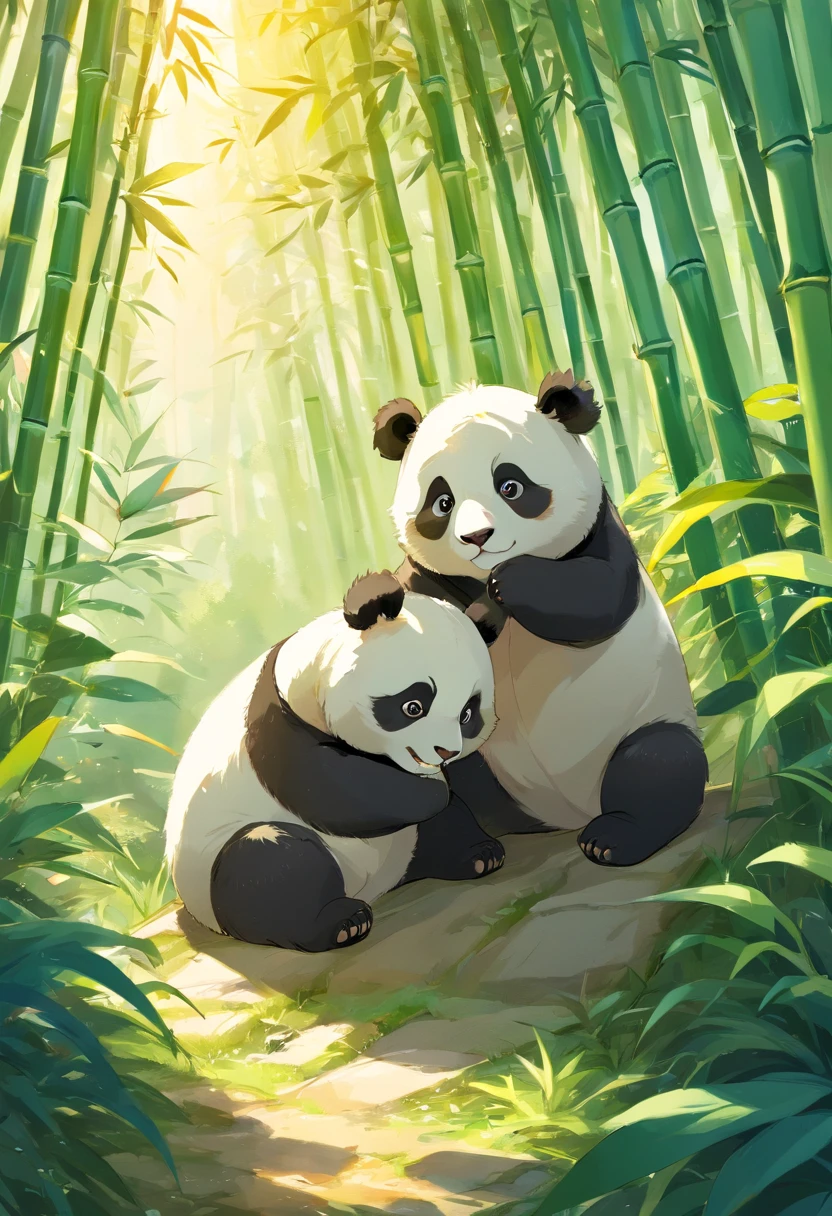 Two adorable furry panda cubs, tiger cubs,roll playfully in sunny bamboo glades, Warm light filters through the leaves. Detailed fur texture, Peaceful and natural mood, Gentle lighting. Traditional watercolor style. --AR 4:5 --s 400 --niji 5
