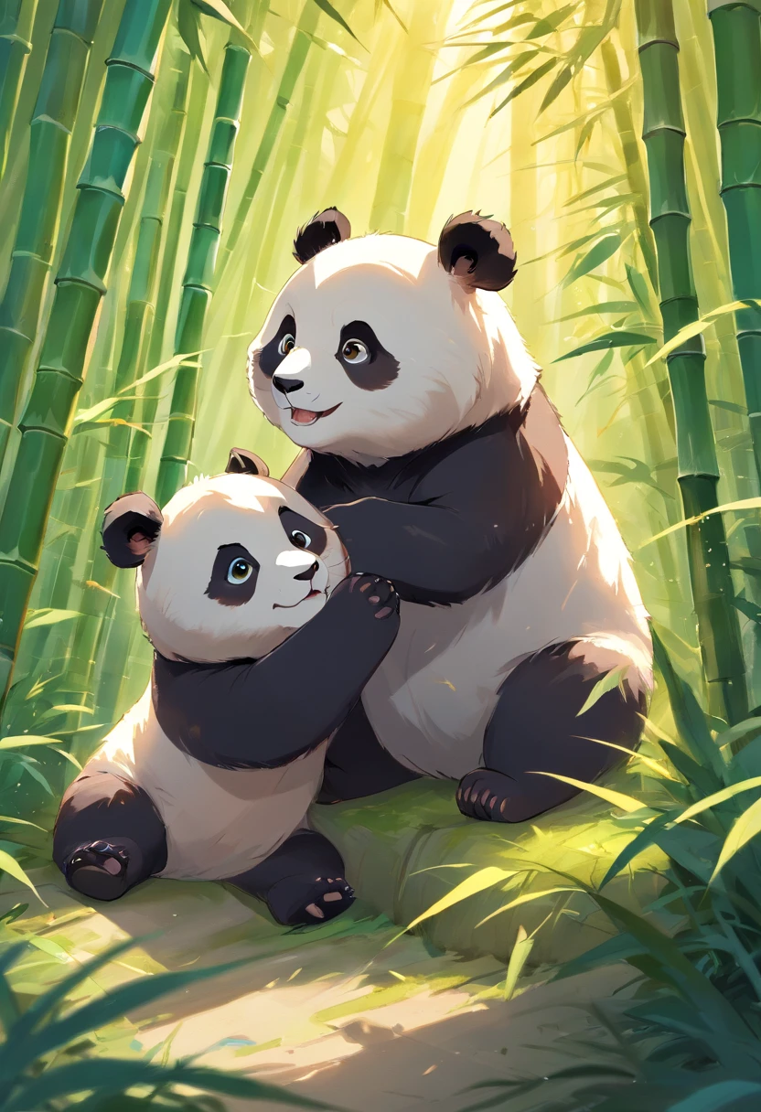 Two adorable furry panda cubs, tiger cubs,roll playfully in sunny bamboo glades, Warm light filters through the leaves. Detailed fur texture, Peaceful and natural mood, Gentle lighting. Traditional watercolor style. --AR 4:5 --s 400 --niji 5