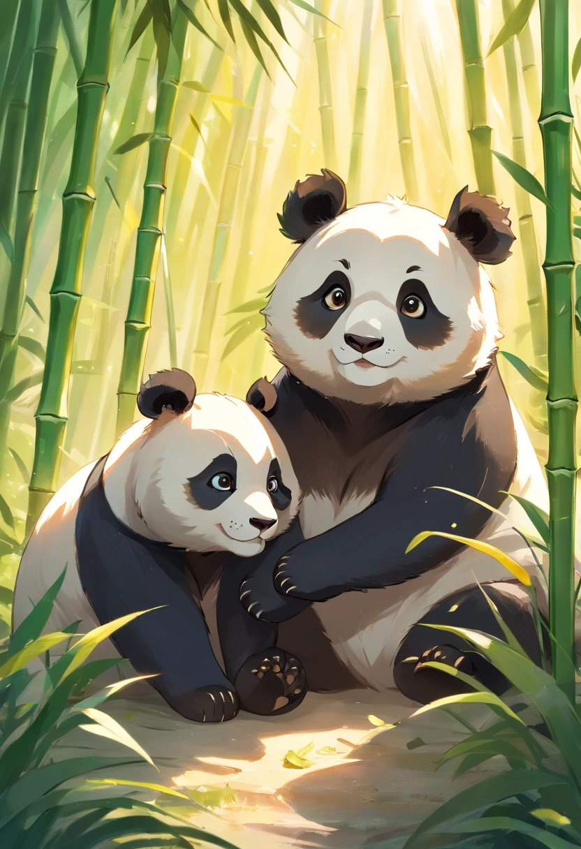 Two adorable furry panda cubs, tiger cubs,roll playfully in sunny bamboo glades, Warm light filters through the leaves. Detailed fur texture, Peaceful and natural mood, Gentle lighting. Traditional watercolor style. --AR 4:5 --s 400 --niji 5