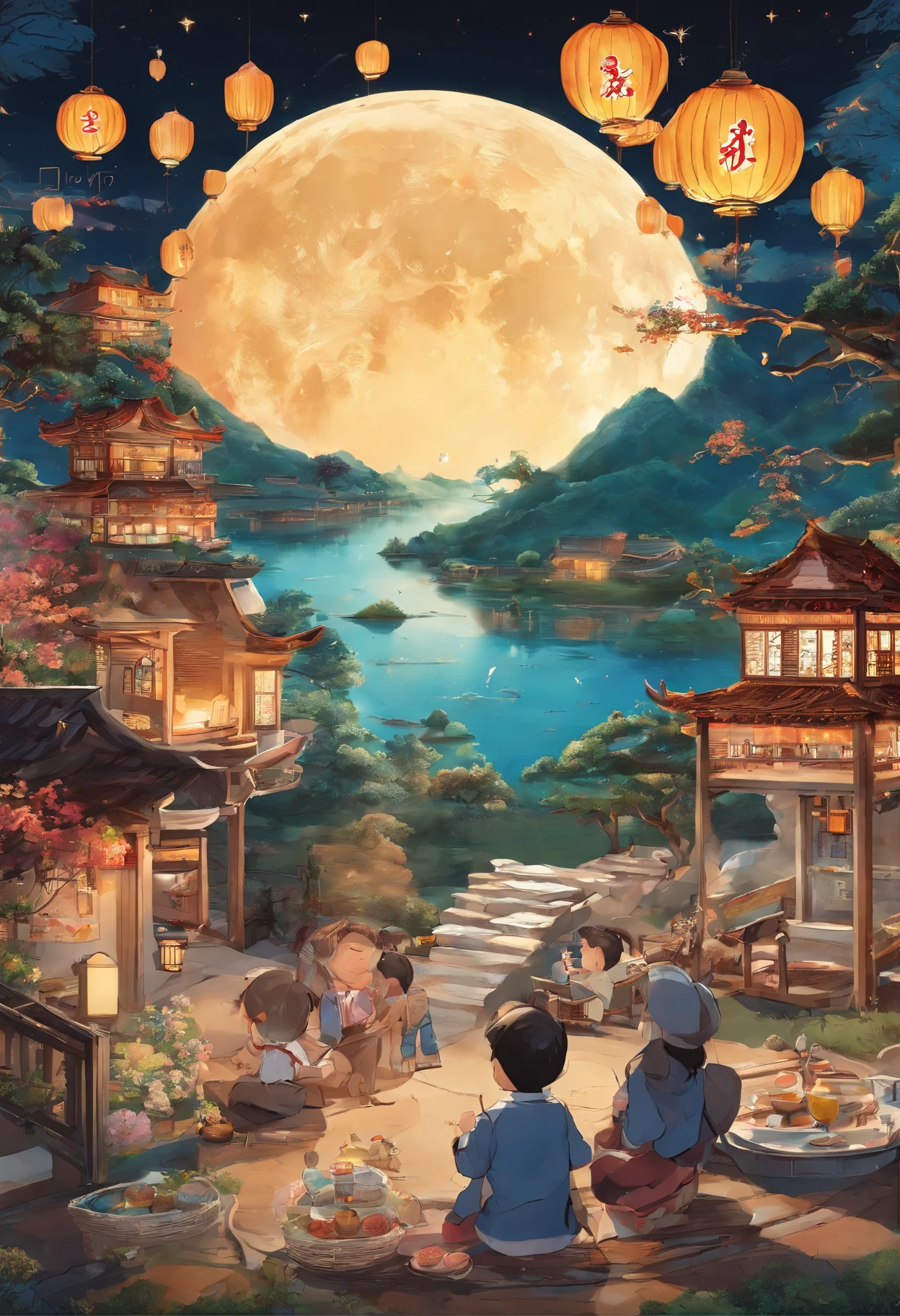 (top-quality、8K、tmasterpiece:1.3)、Full moon and stars in sky illustration，The family sits together eating mooncakes,Mom and dad laugh with the kids，Have in the living room、Bright house scene，extremely detailed face and skin，Heartwarming scene，perfect  detail