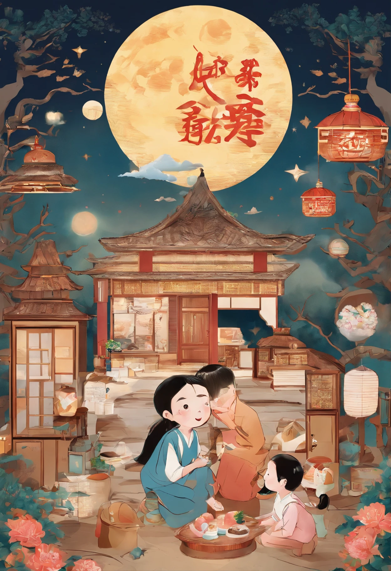 (top-quality、8K、tmasterpiece:1.3)、Full moon and stars in sky illustration，The family sits together eating mooncakes,Mom and dad laugh with the kids，Have in the living room、Bright house scene，extremely detailed face and skin，Heartwarming scene，perfect  detail