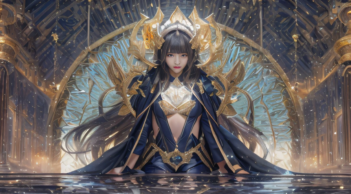 Side whole body,Plaza,Multiplayer duels,Rivers of blood flow,Water Goddess 32K,复杂,ellegance,highly detailed,A majestic,Digital photography,Autumn gold thread lenses,surrealism painting,Broken rubies,Beating magic,Entwined water magic,Black hair(tmasterpiece,Cinematic light,Fine beautiful eyes:1.2),hdr,Void 5 Energy Storm,(China 1 girl,Black eyes:1.5),Onlookers(sitting on the stone:1.5),delicated face,Black color hair,Put on palatial gold armor,A lot of people grass,Beautiful light blue armor,big breasts beautiful,facing away from the audience,Cinematic shots,tmasterpiece,full bodyesbian,