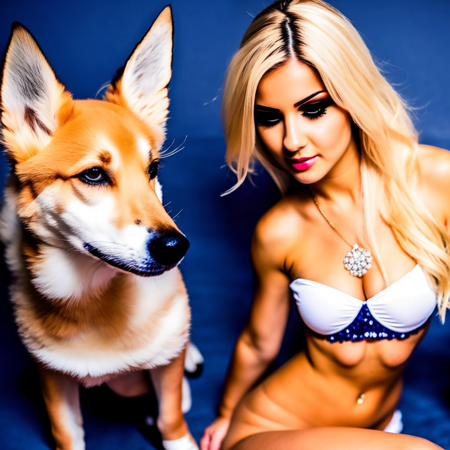 "Chica rubia con ojos celestes mitad zorro y ropa llamativa"