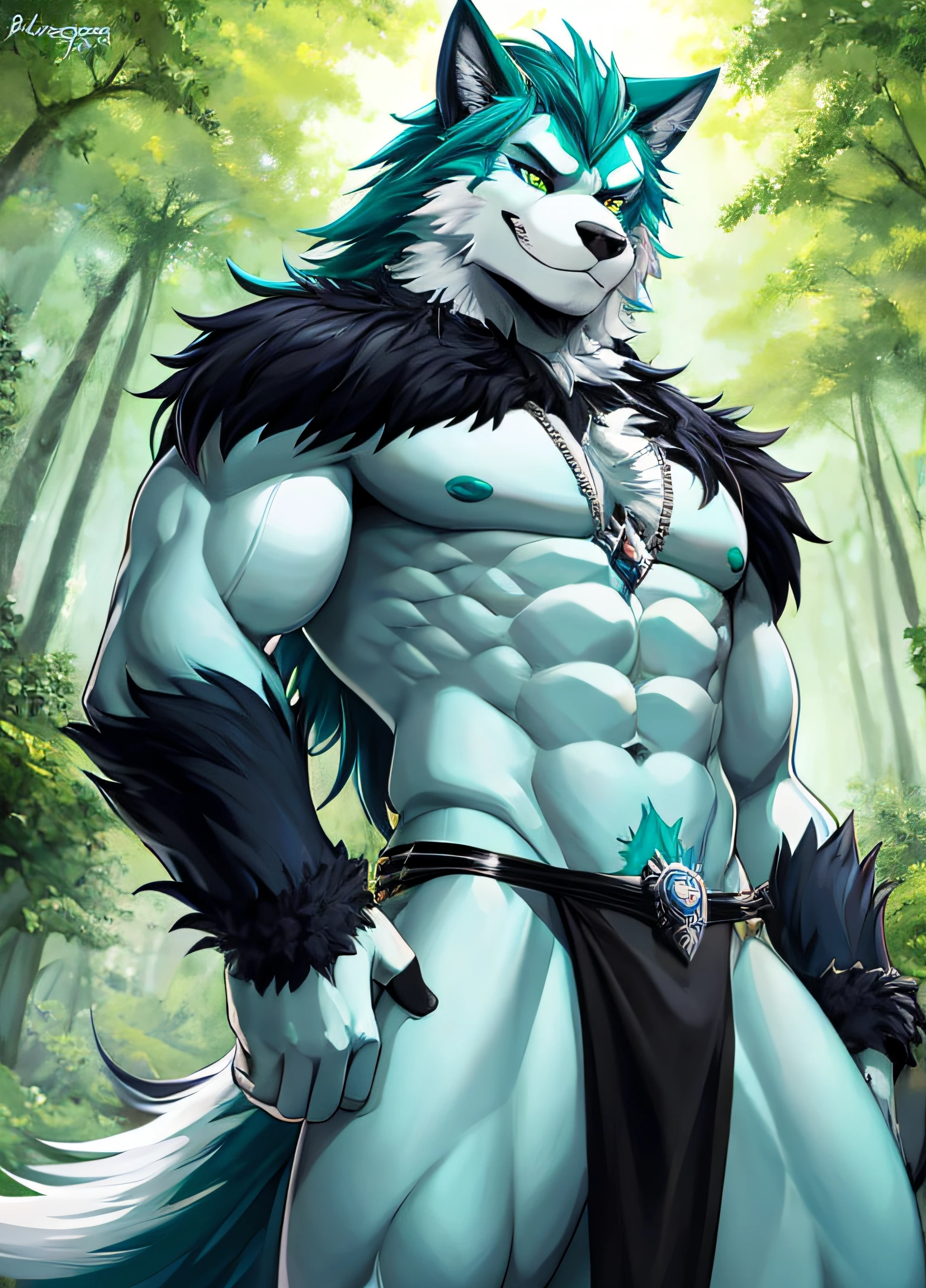 male, anthro, wolf, teal blue fur, silver tips in fur, green eyes, muscular, plantigrade, flowing mane, loincloth, in forest, digital painting, fantasy, tattoos, casual pose, (smug face), smiling (cocky)