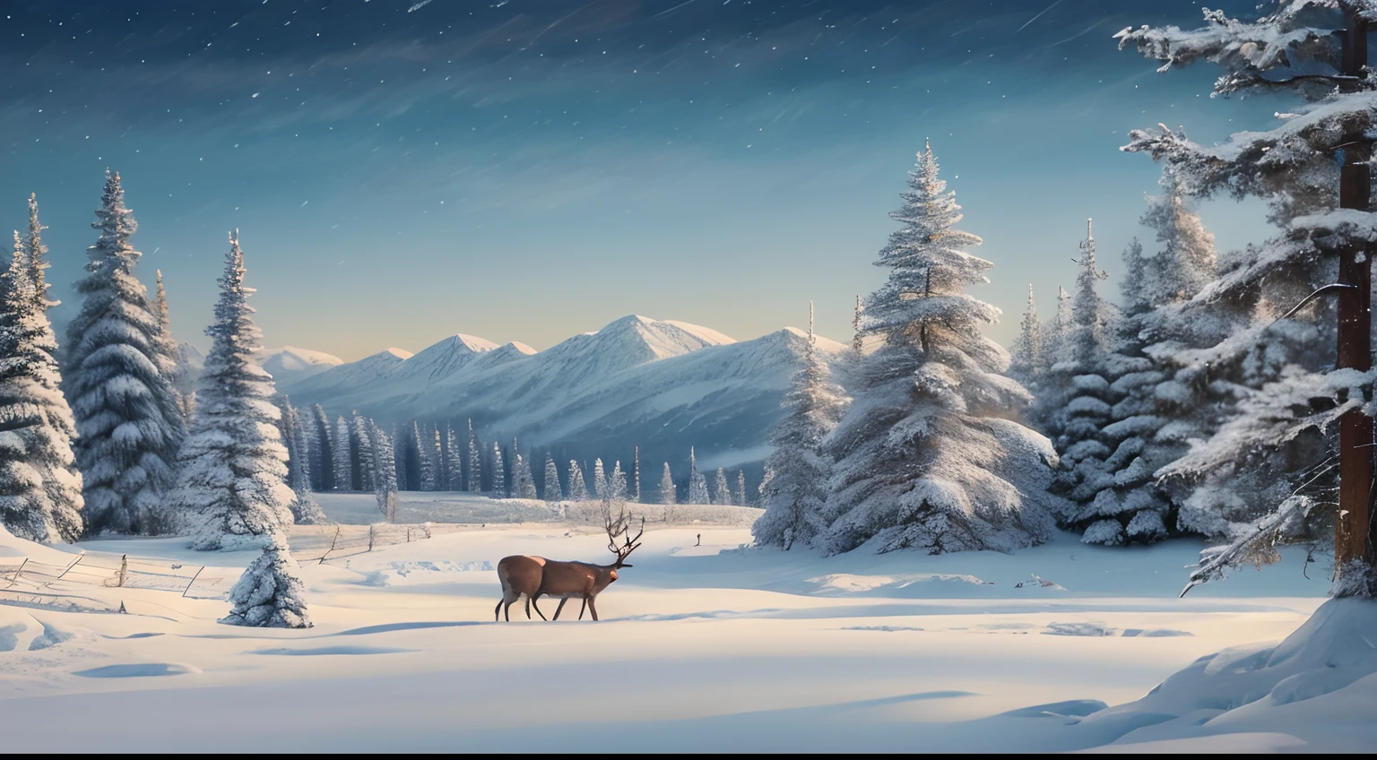 A snowy scene in Western Siberia, (best quality, highres, ultra-detailed), with a vast expanse of snowy plains stretching out before you. The pristine snow glimmers under the soft golden light of the setting sun, casting long shadows across the landscape. The air is crisp and cold, with a slight breeze gently rustling through the towering pine trees. In the distance, you can see a group of reindeer grazing peacefully, their breath visible in the frigid air. The silence of the wilderness is interrupted only by the occasional whoosh of a passing snow owl. The colors of the scene are muted, with shades of white, gray, and hints of pale blue dominating the palette. The interplay of light and shadow creates a sense of depth and serenity, while the intricate details of the snowflakes and the texture of the trees add a touch of realism to the painting. The overall atmosphere is one of tranquility and isolation, giving the viewer a sense of the vastness and beauty of the Siberian wilderness.