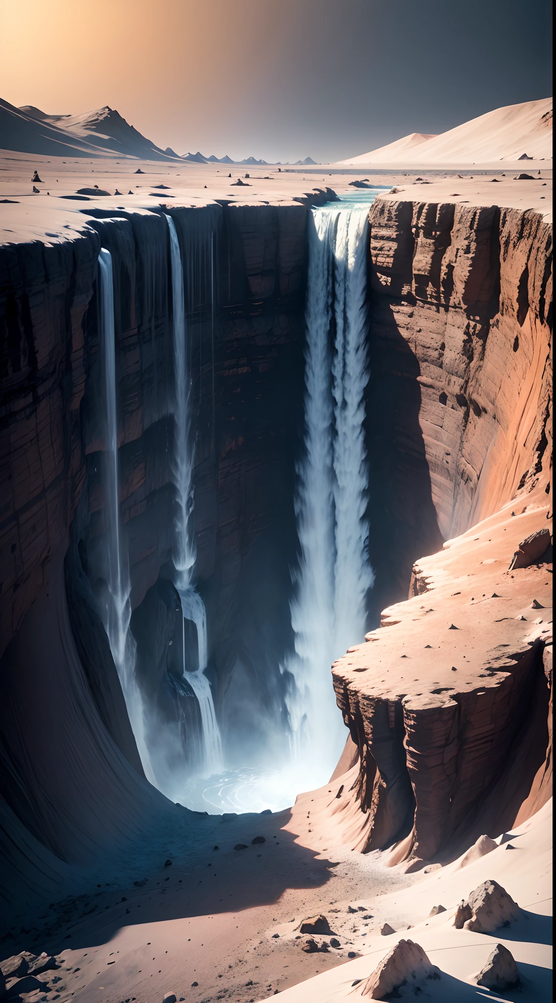 the best quality, Ultra-detailed, Huge waterfalls on the Moon in space. Hdr, High quality, High resolution, Hdr, High resolution, High quality, Extraordinary masterpiece.