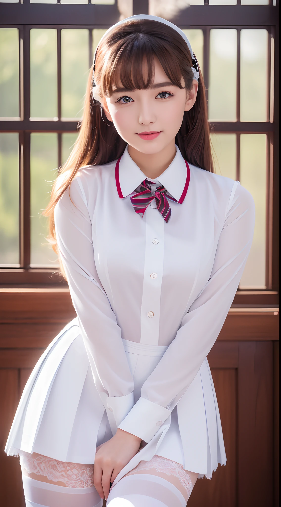 (Best quality,4K,8K,A high resolution,Masterpiece:1.2), Ultra-detailed, (Realistic,Photorealistic,photo-realistic:1.37), A woman with two tails, JK school uniform, Long white lace-trimmed stockings, Vibrant colors, Soft lighting