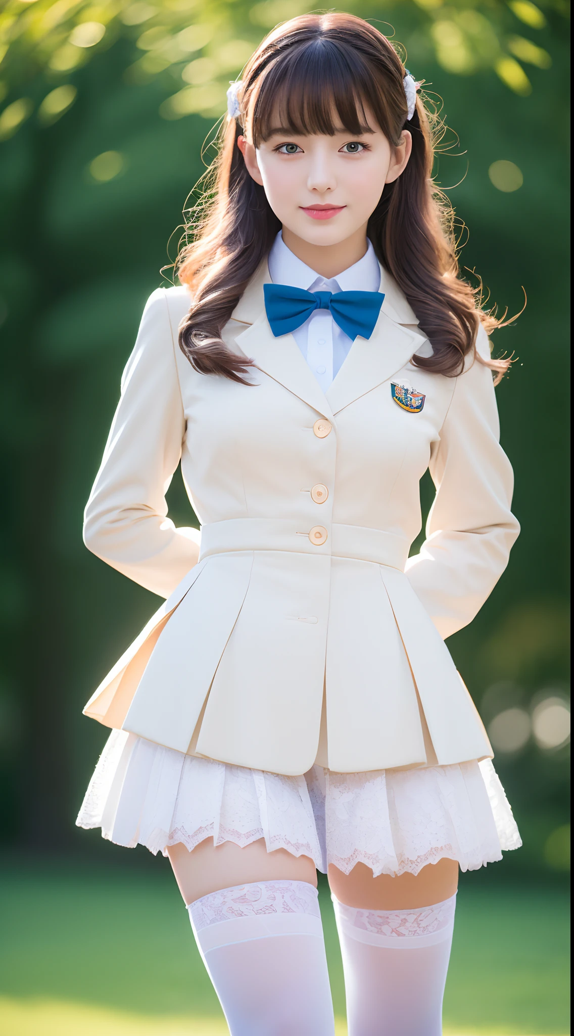 (Best quality,4K,8K,A high resolution,Masterpiece:1.2), Ultra-detailed, (Realistic,Photorealistic,photo-realistic:1.37), A woman with two tails, JK school uniform, Long white lace-trimmed stockings, Vibrant colors, Soft lighting