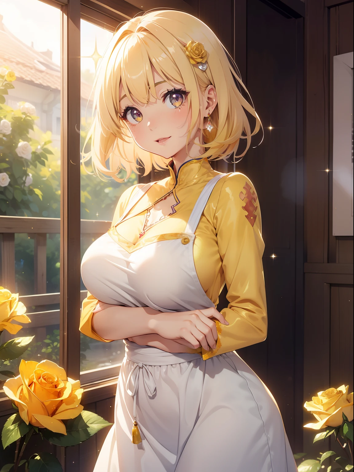 masutepiece, High resolution, 8K, anime woman, Delicate and detailed writing 、Detailed digital illustration、Short hair、perm、Shiny hair、Bangs、a very beautiful woman、Eyes are double, Large, Bust is D cup、High image quality, High quality、Detailed background、The inside of the eye shines like a diamond、Light yellow hair、Gradient pupil、(((2 arms、4 fingers, 1 thumb)))、Detailed female face、Very beautiful and cute woman、、细致背景、masterpiece、Soft Focus , Bright gradient watercolor , Lens Flare , (((Glitter))) , Glow , Dreamy , Yellow Ribbon、((Very beautiful yellow rose hair accessories))、((Straight at the angle of the front))Laughing with open mouth
(White apron),(((Curry rice)))