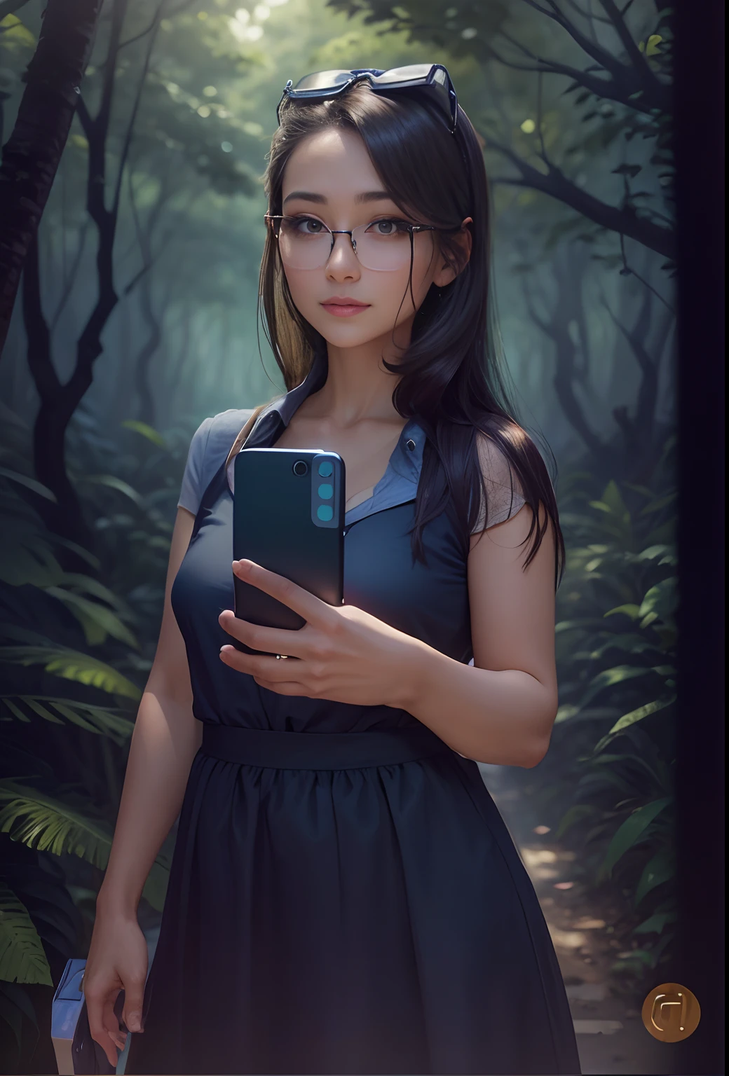 A beautiful woman taking selfie with her phone, put on her glasses to her head, wearing dark blue blouse, in the Forest