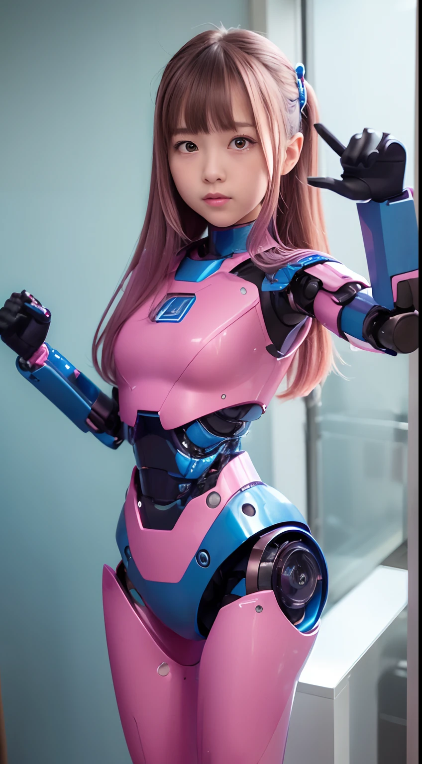 (Photorealsitic:1.4)、one girl、(top-quality)、(hyperdetailed face)、(Super well-formed face)、((Robot Parts))、(Robot Girl)、(Blue)、(pink there)、(Burgundy)、(metallic)、(full-body)、(sexy pose)、(Slender body)、(Model body type)、(full body mech)、(mechanical exposure)、(Akihabara)、(is looking at the camera)、(A dark-haired)、(Well-proportioned girl)、(a small face)、(Idol)、(front facing)、(Standing with legs open)、(Banzai pose with open arms)、(Photo session)、(Looks sad)、(perfect-robot-girl)