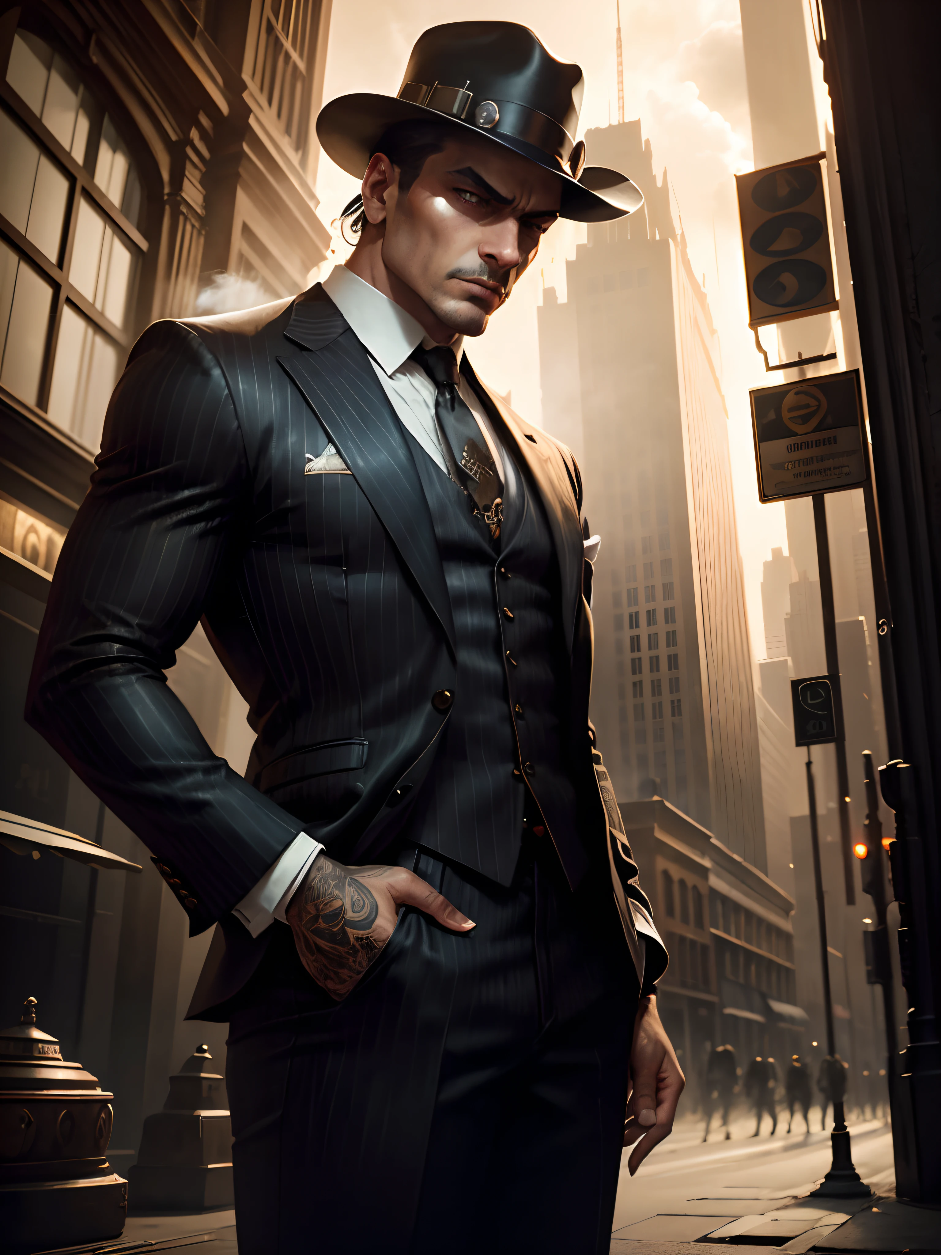 tiger, suit, mafia, gangsters, BioShock, concept art, character design, artstation, detailed eyes, detailed lips, realistic, high-res, professional styling, dark shadows, intense lighting, vibrant colors, sharp focus, urban setting, smoke-filled atmosphere, roaring expression, confident posture, city skyline, noir aesthetic, fedora hat, pinstripe suit, vintage-inspired, architectural details, Art Deco influences, dystopian theme, dramatic angles, menacing presence, stylish weaponry, steampunk elements, intricate tattoos, power dynamics, mysterious narrative, cinematic composition, dynamic action, tension, gritty texture, vivid storytelling, immersive world, suspenseful atmosphere, extraordinary visuals, intricate details.