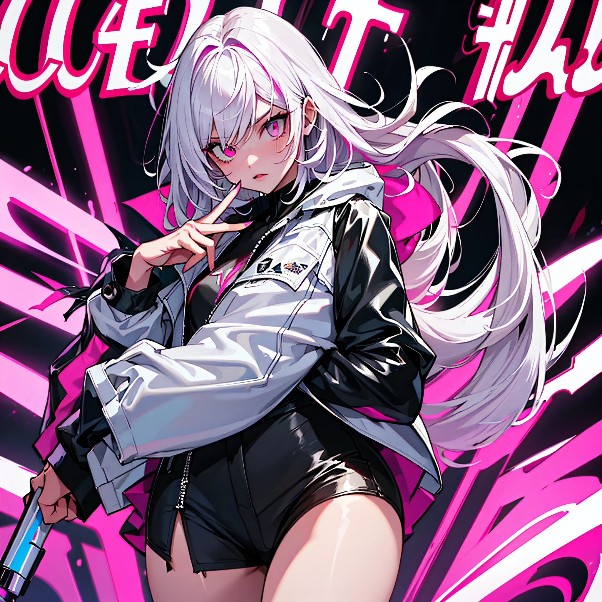 girl, white long hair, cool black open short jacket labeled "CruciA", tatoos, messy fade cut hair, crazy, stand pose, on futuristic neon night street background,poser, fuchsia, indigo