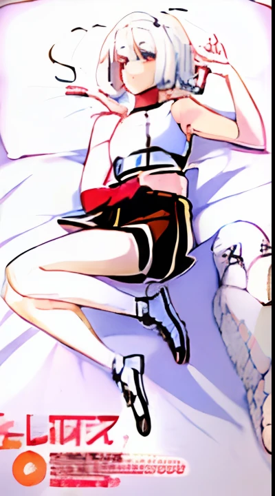 1girl , (incredibly_absurdres:1.5), cinematic, pillow design, 'solo', sadistic, beautiful girl , 8k wallpaper, white hair, sleeveless croptop, white pleaded skirt, white tennies shoes, red bow on hair, black chocker