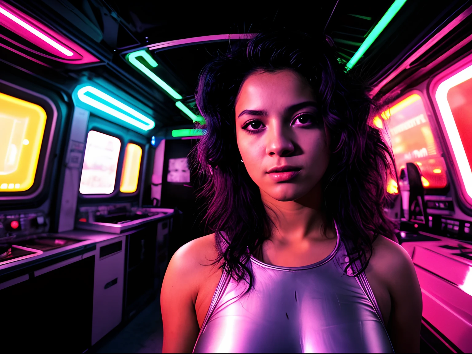 uma garota italiana, 18 anos, action movie scene,Jantar Distópico Cinematic Starship Troopers, noite, Bustling with neon signs, Starship Troopers Aesthetics, lotado de pessoas,cinematografia de filmes,Turma do Lixo, pessoa atraente,High emphasis on detail,Use of meteorological technology equipment,Turma do Lixo, tatuagens,Vida noturna,cheio de vida ,Turma do Lixo , action movie shot by Kon Satoshi, estilo Semi Impasto, tinta escura, Atmospheric, brilhante, dramatic lighting, olhos bonitos, symmetric eyes, olhos perfeitos, vaporwave, Synthwave