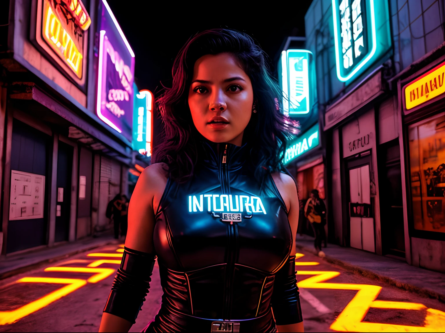 uma garota italiana, 18 anos, action movie scene,Jantar Distópico Cinematic Starship Troopers, noite, Bustling with neon signs, Starship Troopers Aesthetics, lotado de pessoas,cinematografia de filmes,Turma do Lixo, pessoa atraente,High emphasis on detail,Use of meteorological technology equipment,Turma do Lixo, tatuagens,Vida noturna,cheio de vida ,Turma do Lixo , action movie shot by Kon Satoshi, estilo Semi Impasto, tinta escura, Atmospheric, brilhante, dramatic lighting, olhos bonitos, symmetric eyes, olhos perfeitos, vaporwave, Synthwave
