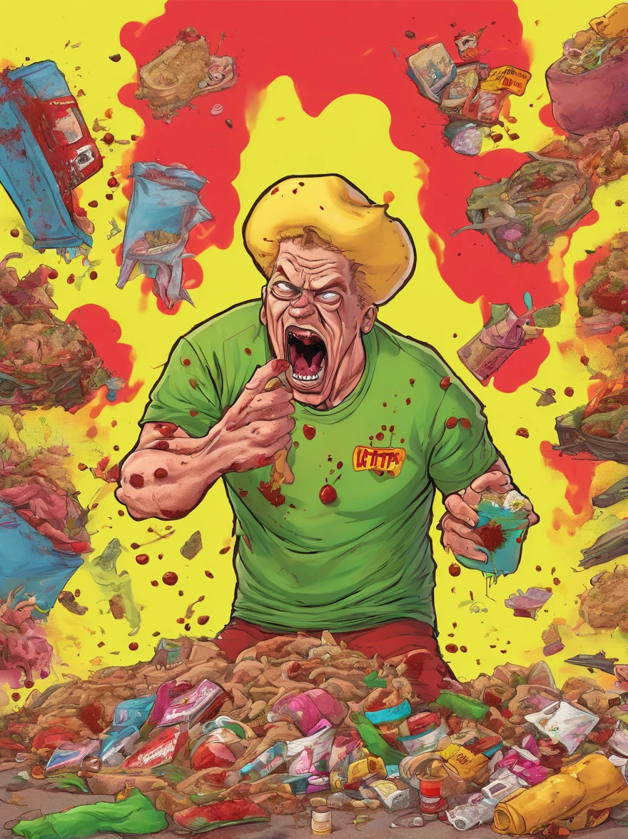 contorted disgusting caca diarrhea vomit contorting. bloodnath bombing vivtima. filth cpvered in yellow pudding, cobered in piles of trash.