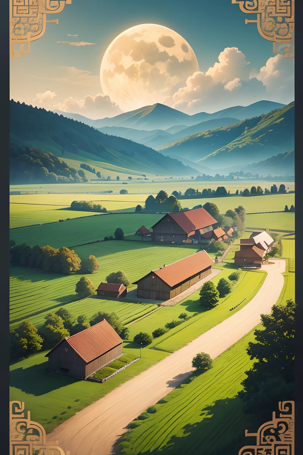 mid-autumn festival，farm land，scenecy，poster for，Simple