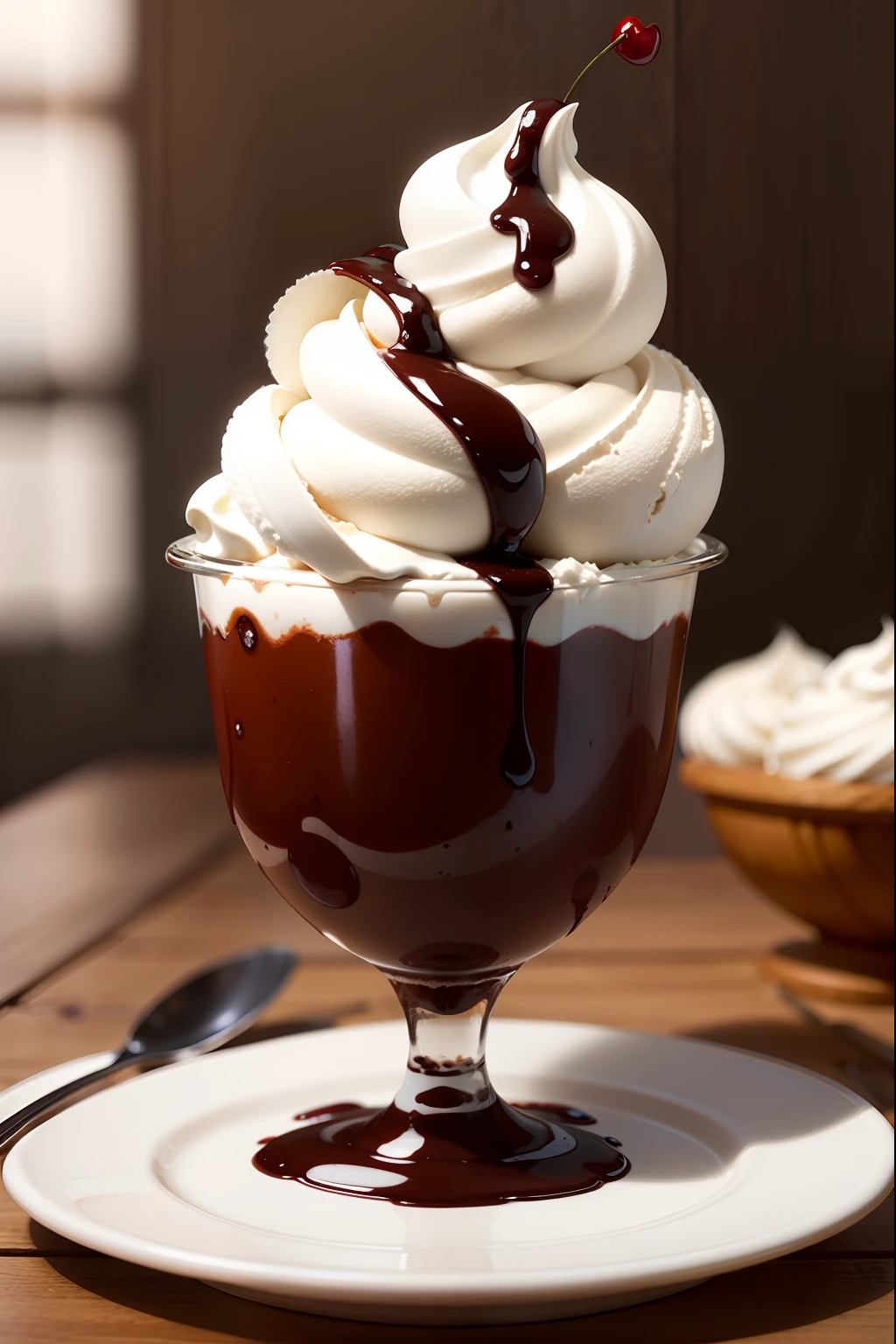 A bowl of ice cream with chocolate sauce, whipped cream, and a cherry on top with the chef platting style, printable --auto