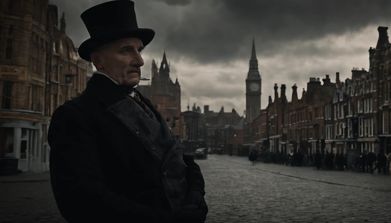 A realistic 8k image of Jack the Ripper the clocktower, wearing a hat that covers his eyes and making direct eye contact with the viewer, in a dark and mysterious style.