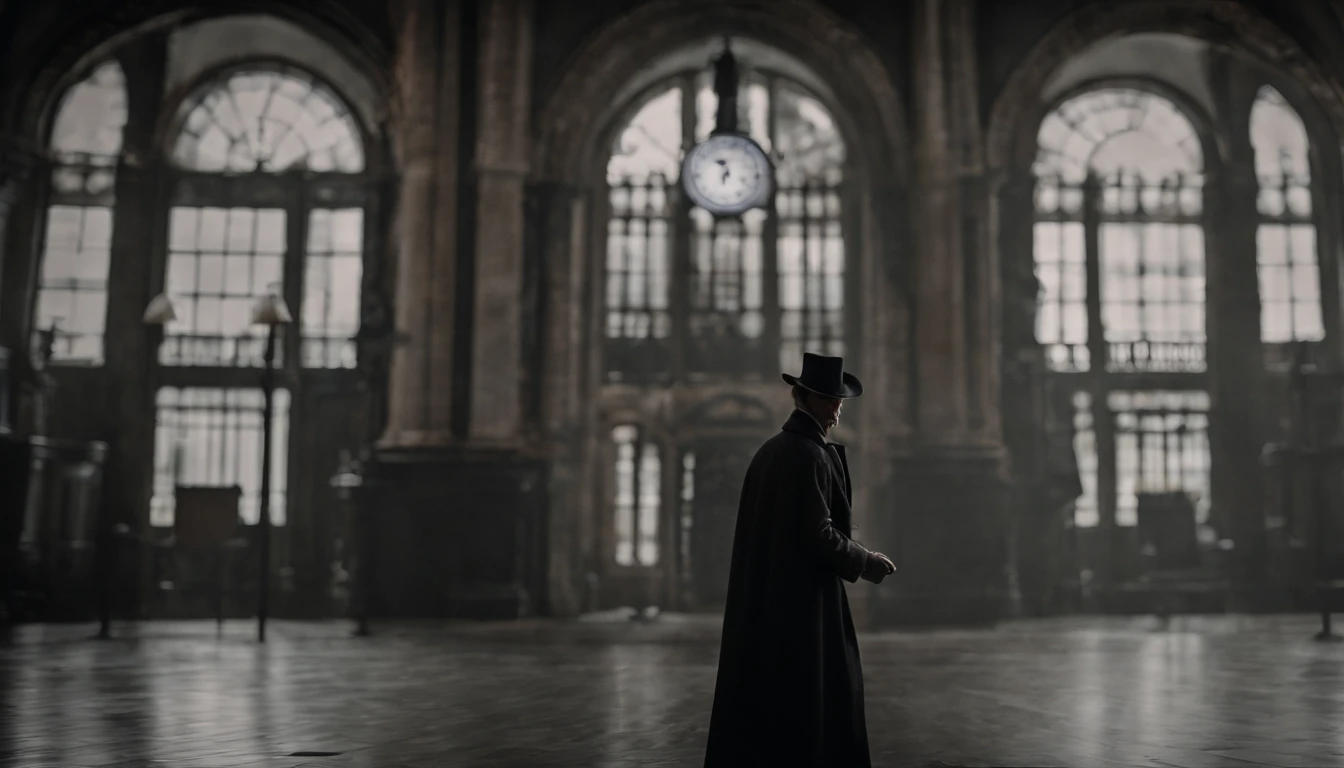 A realistic 8k image of Jack the Ripper the clocktower, wearing a hat that covers his eyes and making direct eye contact with the viewer, in a dark and mysterious style.