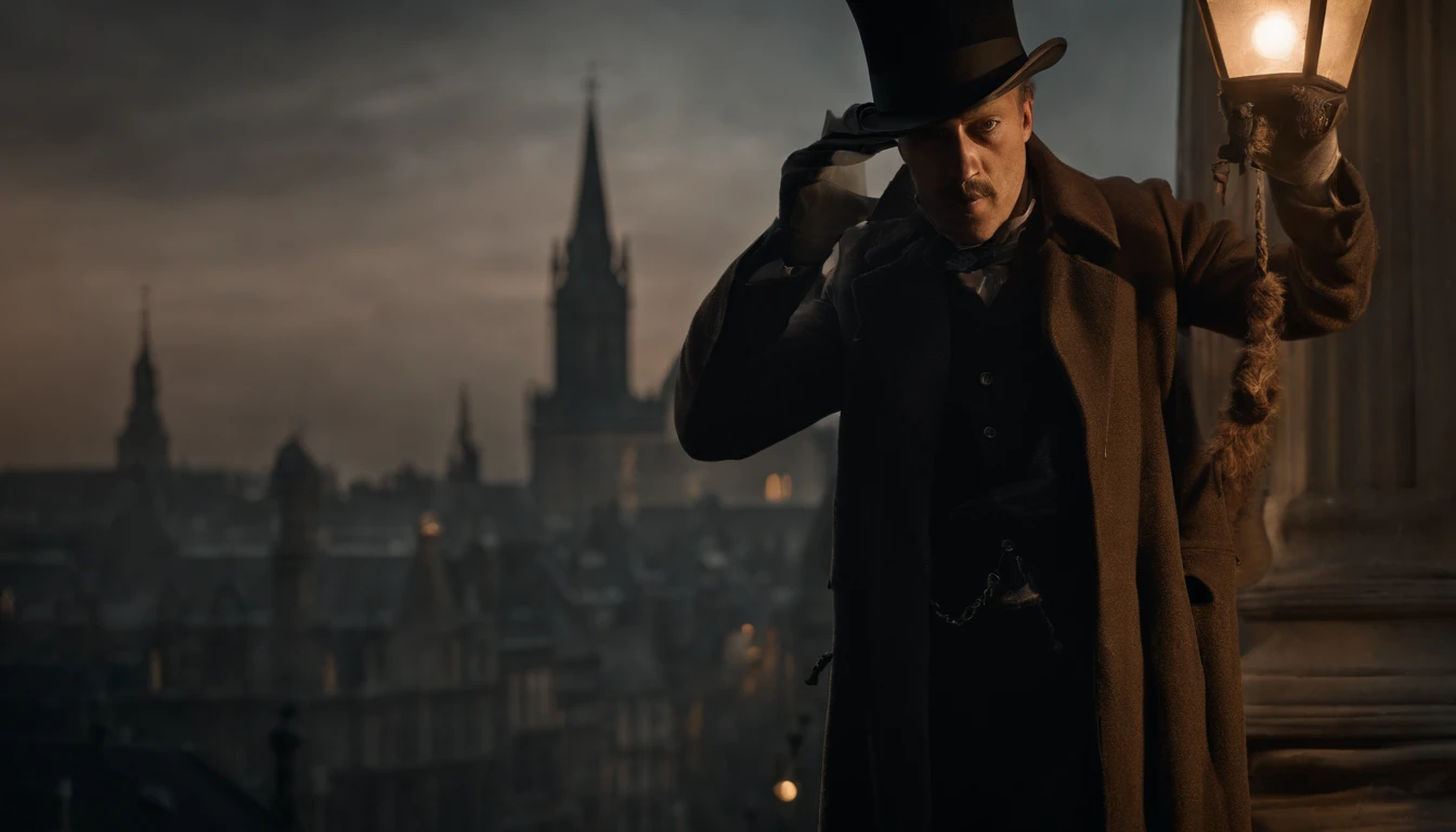 A realistic 8k image of Jack the Ripper the clocktower, wearing a hat that covers his eyes and making direct eye contact with the viewer, in a dark and mysterious style.