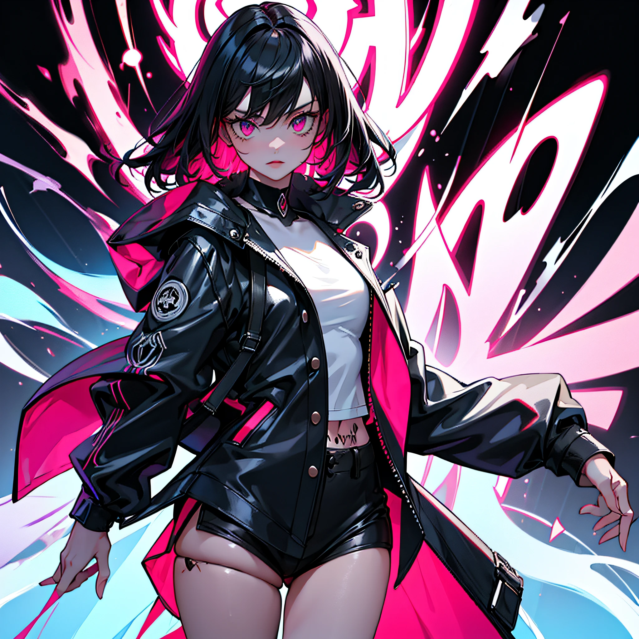 girl, white long hair, cool black open short jacket labeled "CruciA", tatoos, messy fade cut hair, crazy, stand pose, on futuristic neon night street background,poser, fuchsia, indigo