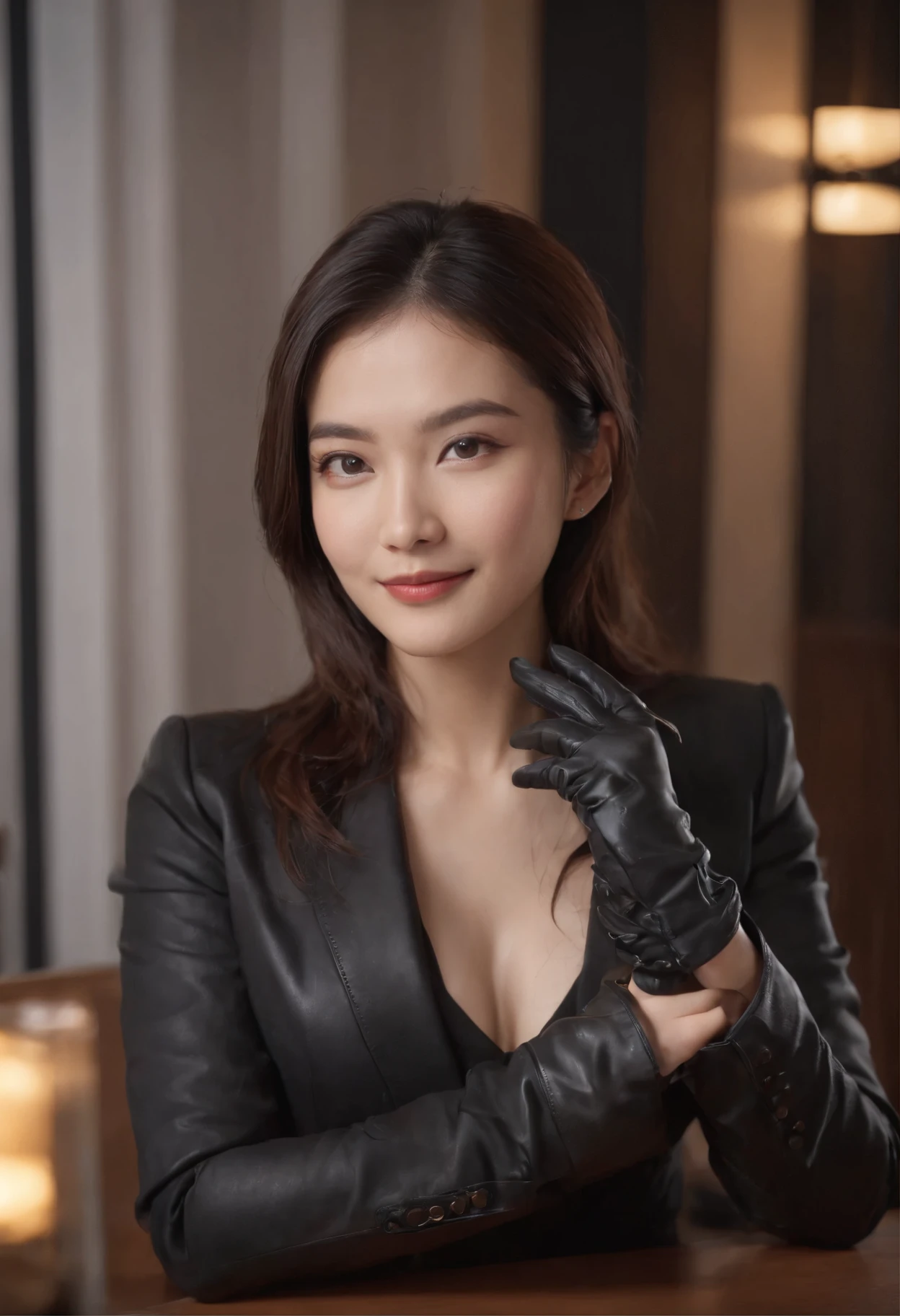 Wearing black leather gloves on both hands, Upper body, Black business suit, Facing the desk in my room with a computer in the dark, Smiling and looking at the screen, Operating the computer with the fingertips of black leather gloves, Black hair was tied back for a long time, Japan female new employee who is still young and very cute (Black leather gloves cover both hands)Gentle smile looking at the camera