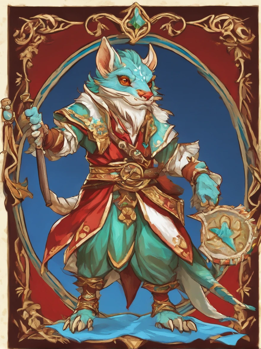 kobold, Wearing Maiden Vestments, sky-blue and white with red and gold belt sea-green gemstones and gold, beautiful, masterpiece, best quality