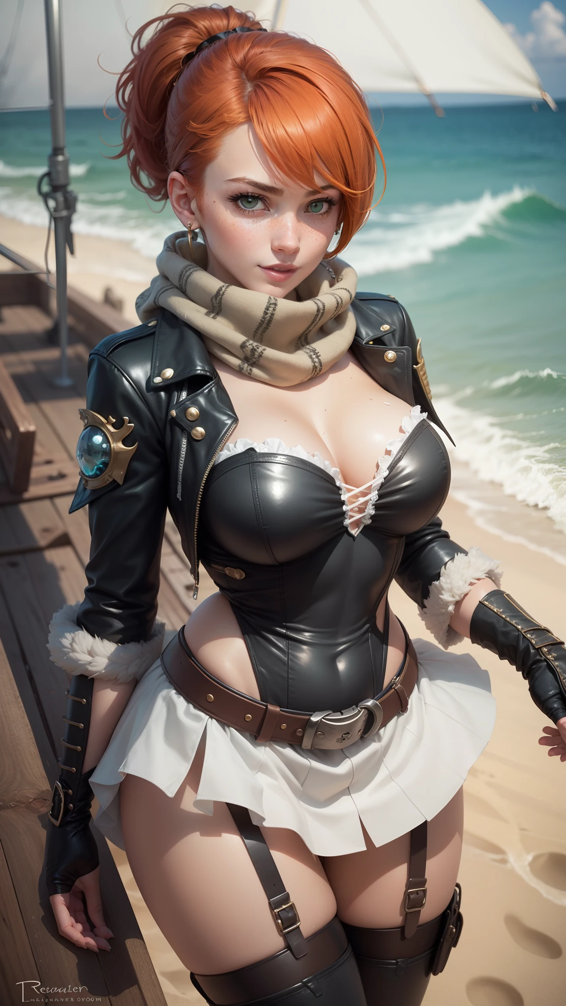 gwen tennyson,tracer,yorha 2b,nami, rebecca chambers,atelier ryza,pirate outfit,beach,ager,green eyes,thigh high boots,garter belt,shy smile,striped panties,short hair,orange hair,pirate ship,white striped top,gothic mini skirt,wet body, freckles,redhead,pirate corset,pirate jacket,beautiful girl,large breasts,ultra detailed,realistic,pearl earrings,long scarf,