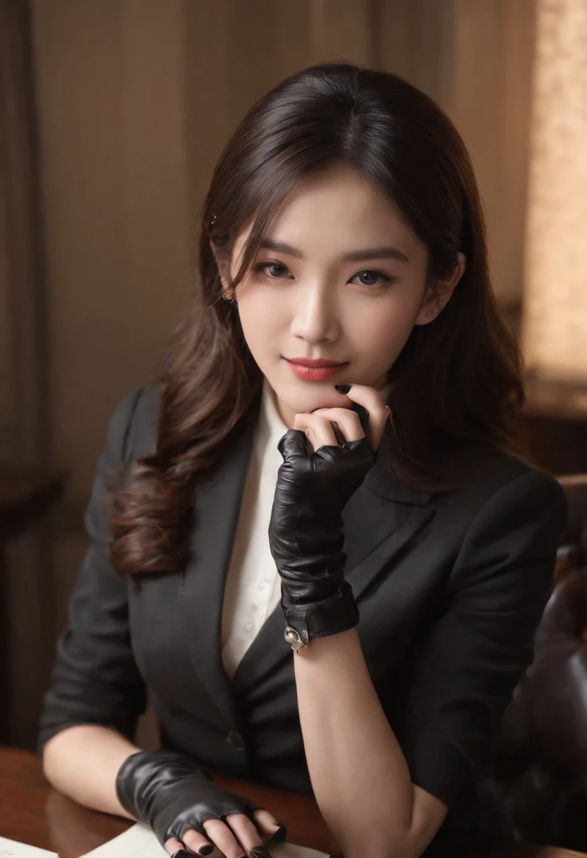 Wearing black leather gloves on both hands, Upper body, Black business suit, Facing the desk in my room with a computer in the dark, Look down and smile, Use a fountain pen to write a letter, Black hair was tied back for a long time, Japan female new employee who is still young and very cute (Black leather gloves cover both hands)Gentle smile looking at the camera