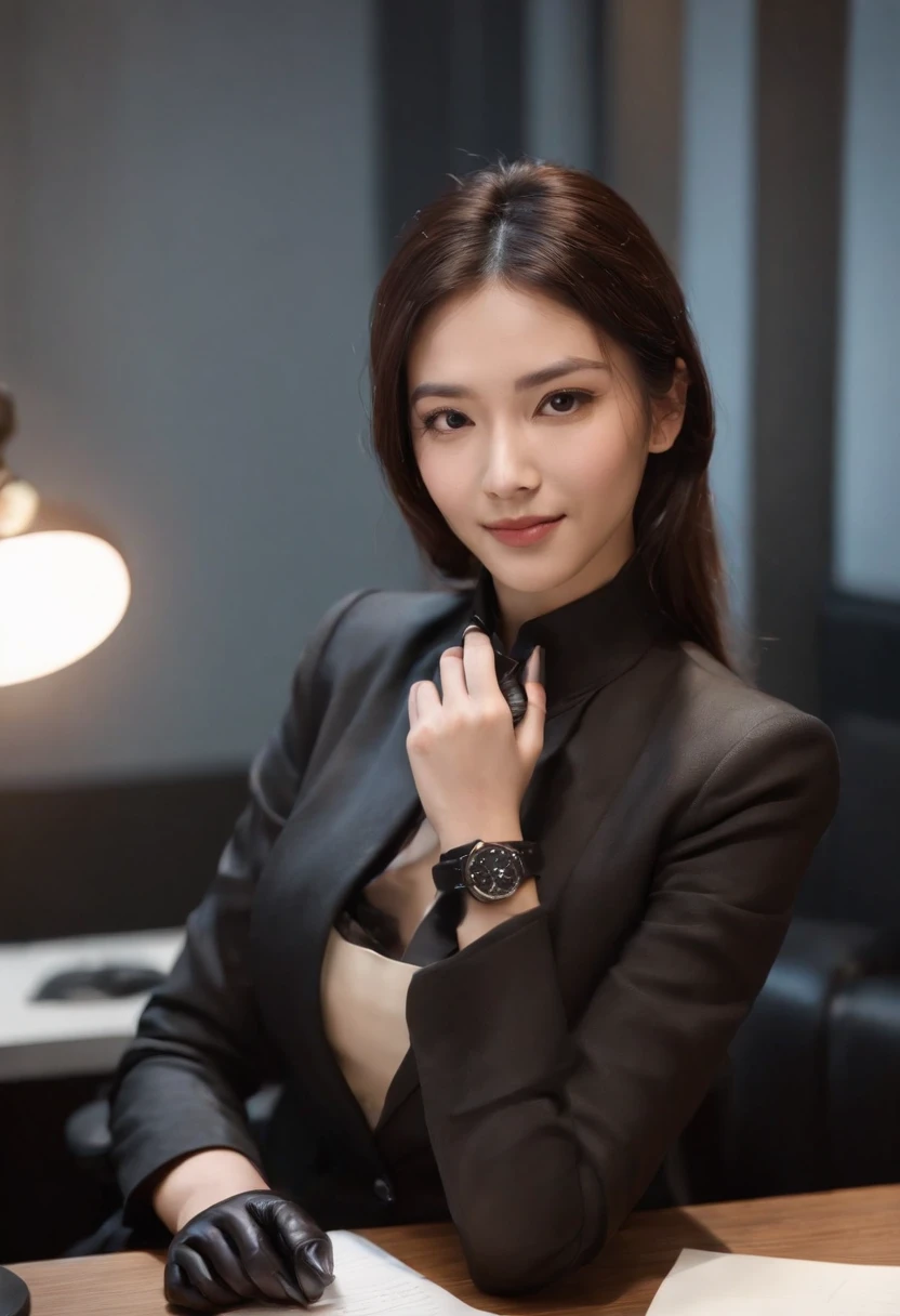 Wearing black leather gloves on both hands, Upper body, Black business suit, Facing the desk in my room with a computer in the dark, Look down and smile, Use a fountain pen to write a letter, Black hair was tied back for a long time, Japan female new employee who is still young and very cute (Black leather gloves cover both hands)Gentle smile looking at the camera