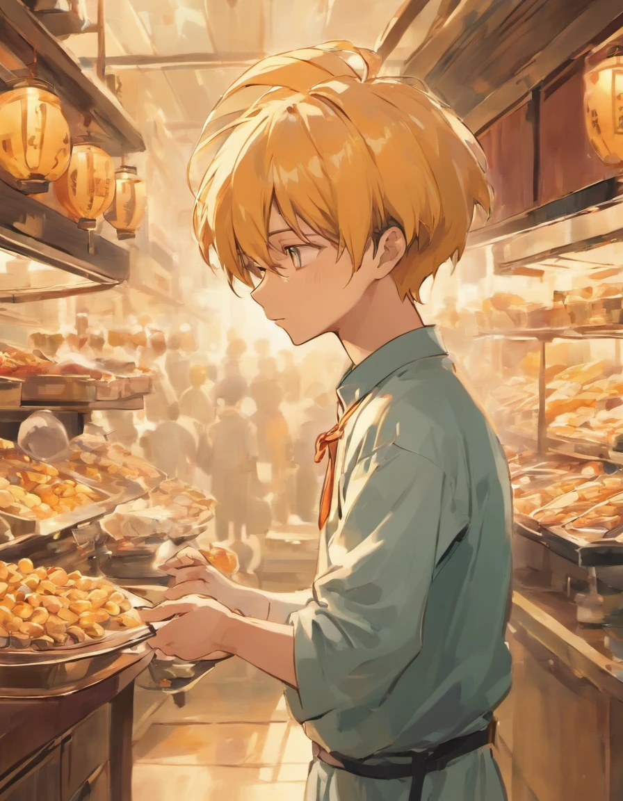 A young and promising male chef stands in front of a stall, The bowl in hand is filled with delicious soybeans,Tea oil was placed on the table,Numerous spectators watched eagerly,With anticipation,drools. ,in the style of the stars art group xing xing, 32K, Best quality, Masterpiece, Super detail, High details,