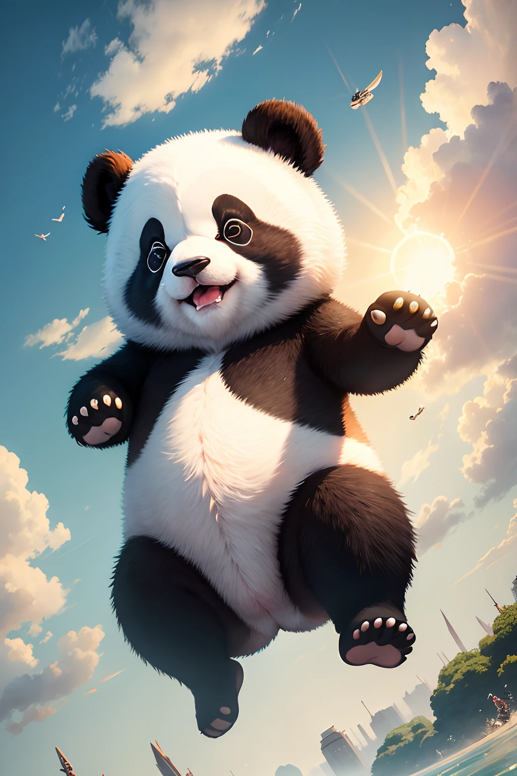 Cute panda , jumping in the sky