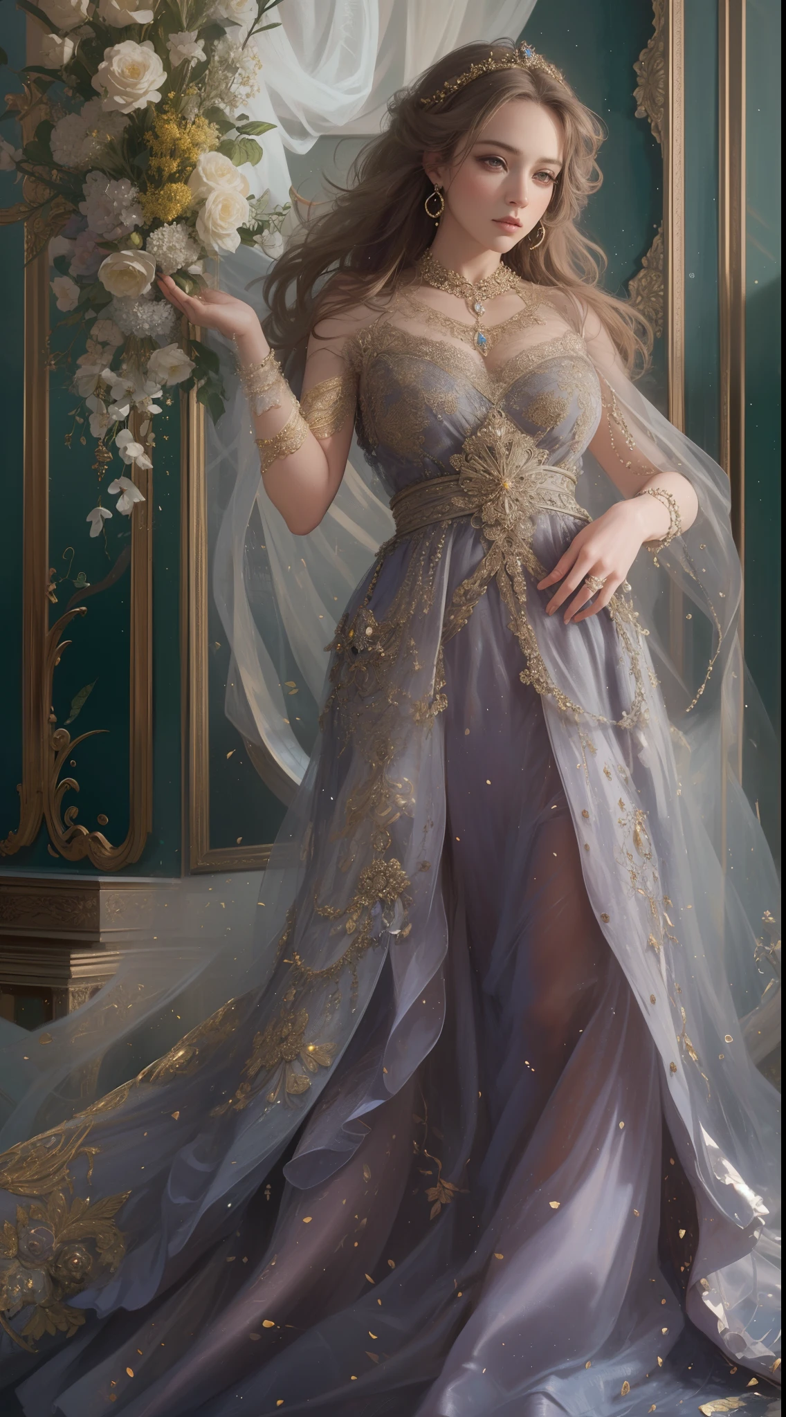 (Best quality,8K,A high resolution,Masterpiece:1.2),Ultra-detailed,(Realistic,Photorealistic,photo-realistic:1.37),Portrait,Creative style artwork,Historical,classical,Sophisticated,plethora of colors,Highly detailed,Soft lighting,luxurious environment,detailed gown,Vibrant flowers,detailed jewellery,Ethereal atmosphere,Elegant Pose,Graceful curves,Gold body proportions,Flowing hair,Breathtaking textile patterns,Harsh purple eyes,Delicate floral decoration,A dazzling array of crystal accessories,Mysterious and dreamy atmosphere,Impeccable attention to detail.