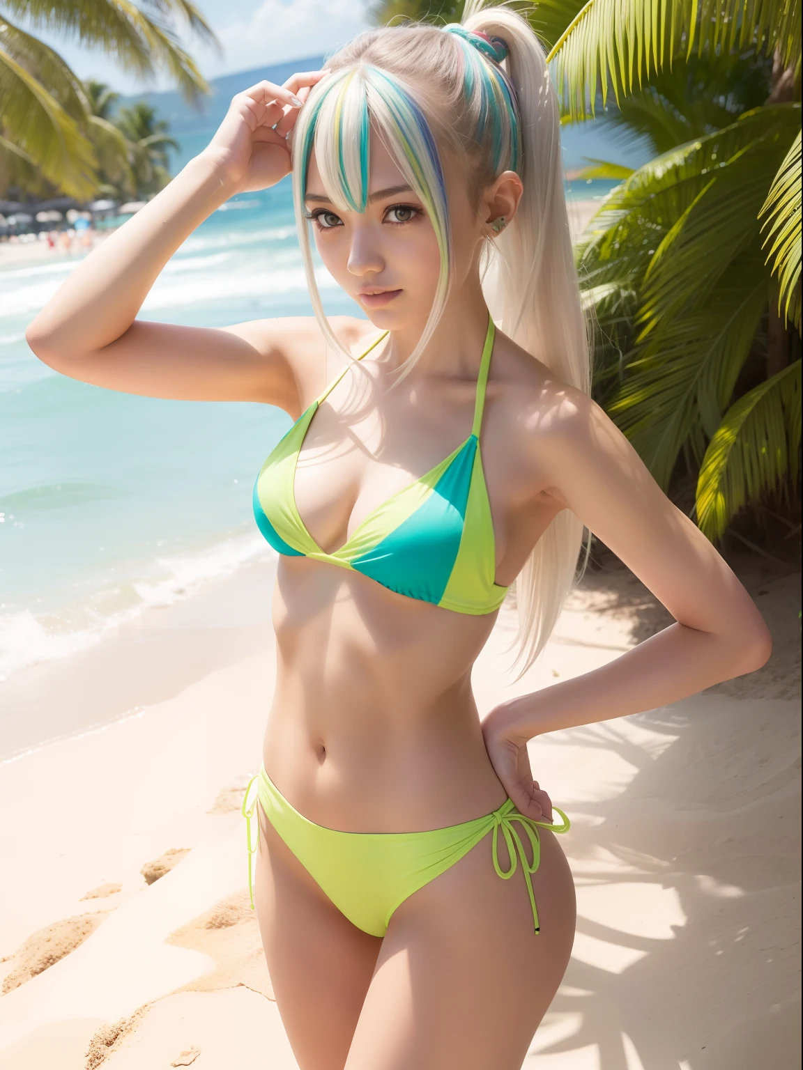 20 years girl,masutepiece , Best Quality,Nahida(GenshinImpact) ,Two girls, Very skinny,tiny chest,Long hair ,Side Ponytail, Hair Ornament ,Wear a see-through dress,Street, White hair , Green hair , hand behind head:1.5,multicolored hair, elf ,A beach crowded with people,Skinny Legs,smil,Tsundere,Bikini and colorful summer clothes,wear shirt,