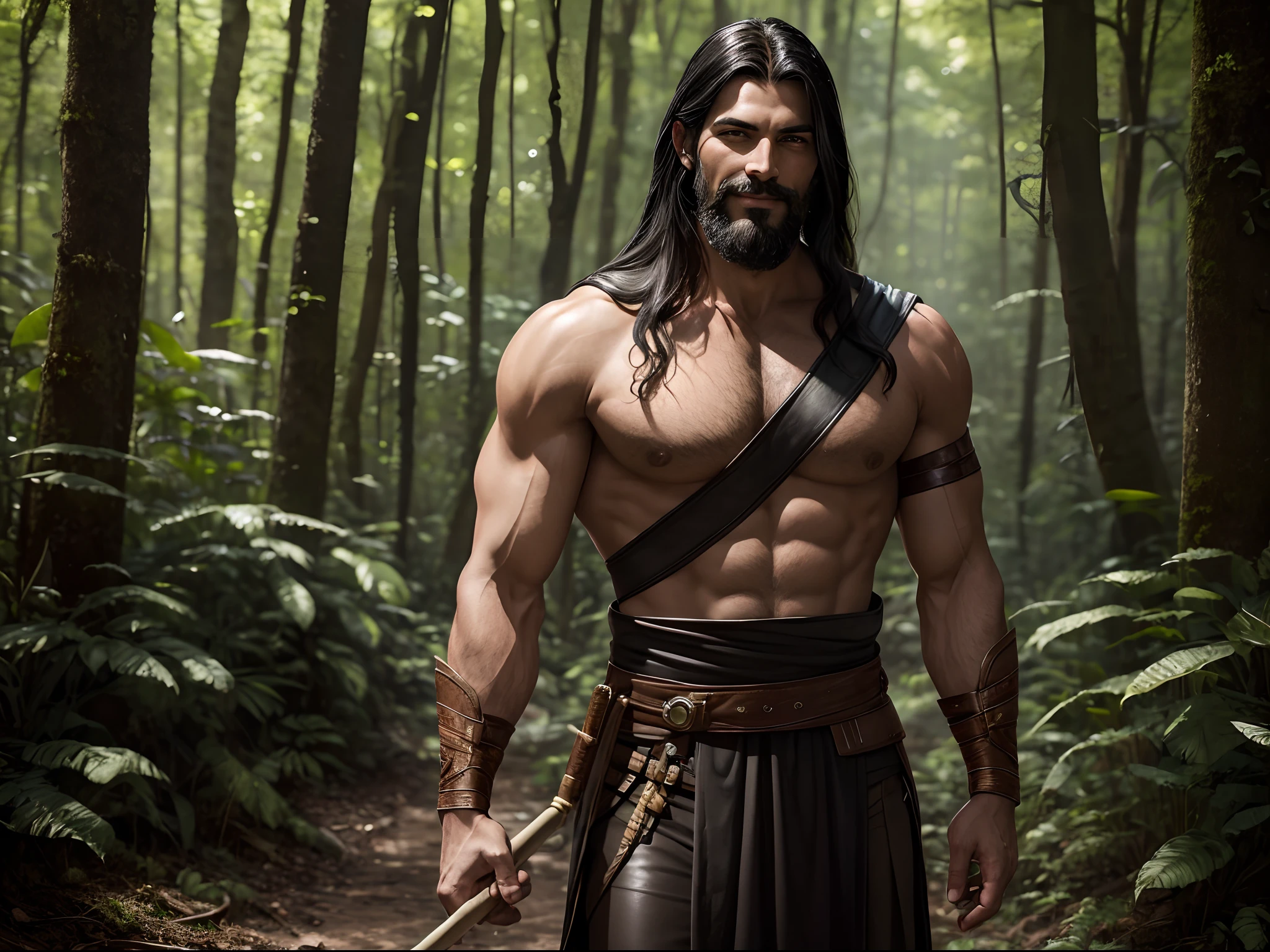 Cicno. Realistic photo. Photo from the waist up. Cycnus is a tall and muscularly built handsome man with a mocking smile on his face. He is dressed like an ancient Greek hunter, wearing leather clothing. In his hand, he holds a long wooden spear with a gleaming metal tip. He has long black hair and a neatly trimmed black beard. He is standing on a dirt path winding through a lush forest..... ((Masterpiece)). Professional photography, ultra-sharp focus. Analog RAW photography, 80mm f2.8 lens, Best quality, Ultra detailed, 64k, Intricate details, Fine detail, Detailed rendering, Realistic detail. Detailed hands, perfect eyes, detailed face, natural pose.