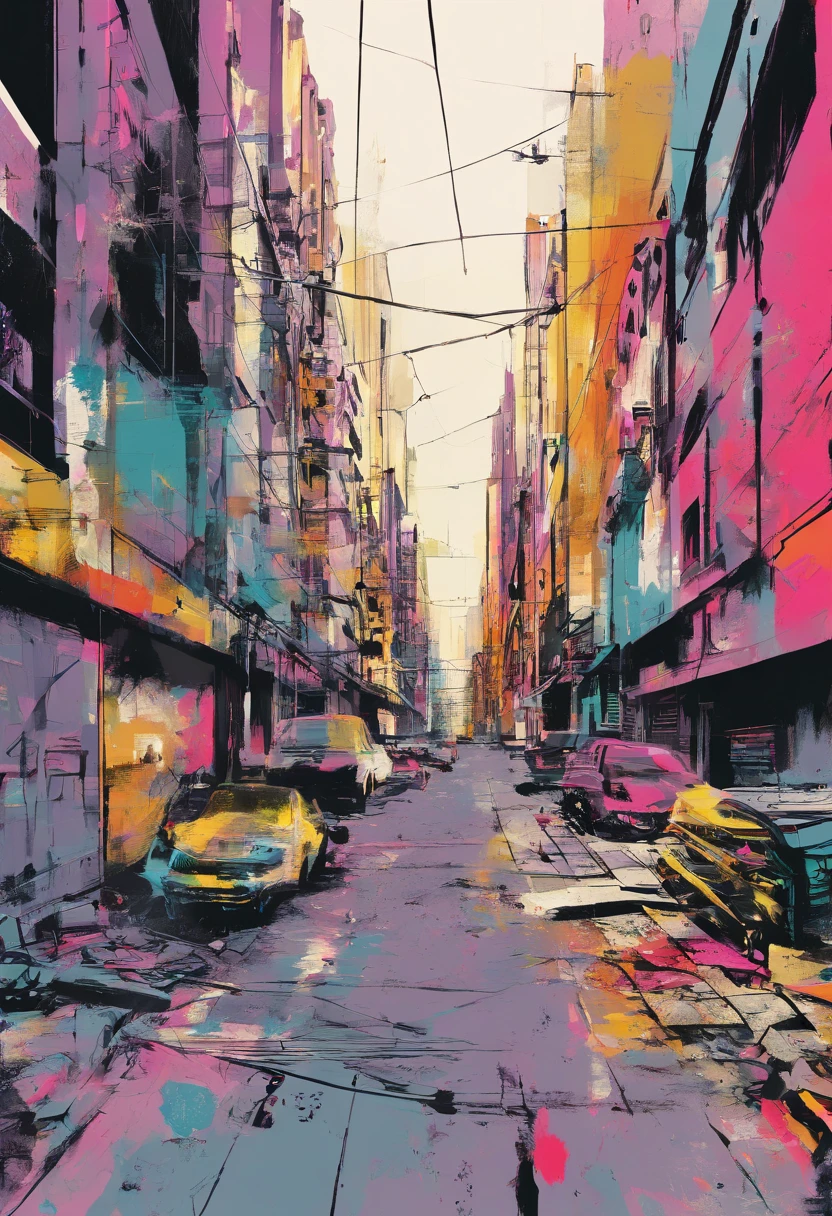 minimalist expressionism, urban decay, colorful but scraped and collaged
