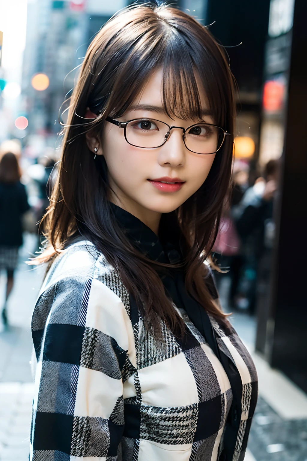 (8K、Raw photography、top-quality、​masterpiece:1.2)、(realisitic、Photorealsitic:1.37)、ultra-detailliert、超A high resolution、女の子 1 人、29yo、see the beholder、beautifull detailed face、A smile with a little visible teeth、Constriction、(Slim waist) :1.3)、Beautiful detailed skin、Skin Texture、well-shaped breasts、Floating hair、(Gingham plaid clothing:1.4)、Professional Lighting、Autumn afternoon、In the street、(((Black square glasses )))、the whole、brown haired、((Shameful appearance))、